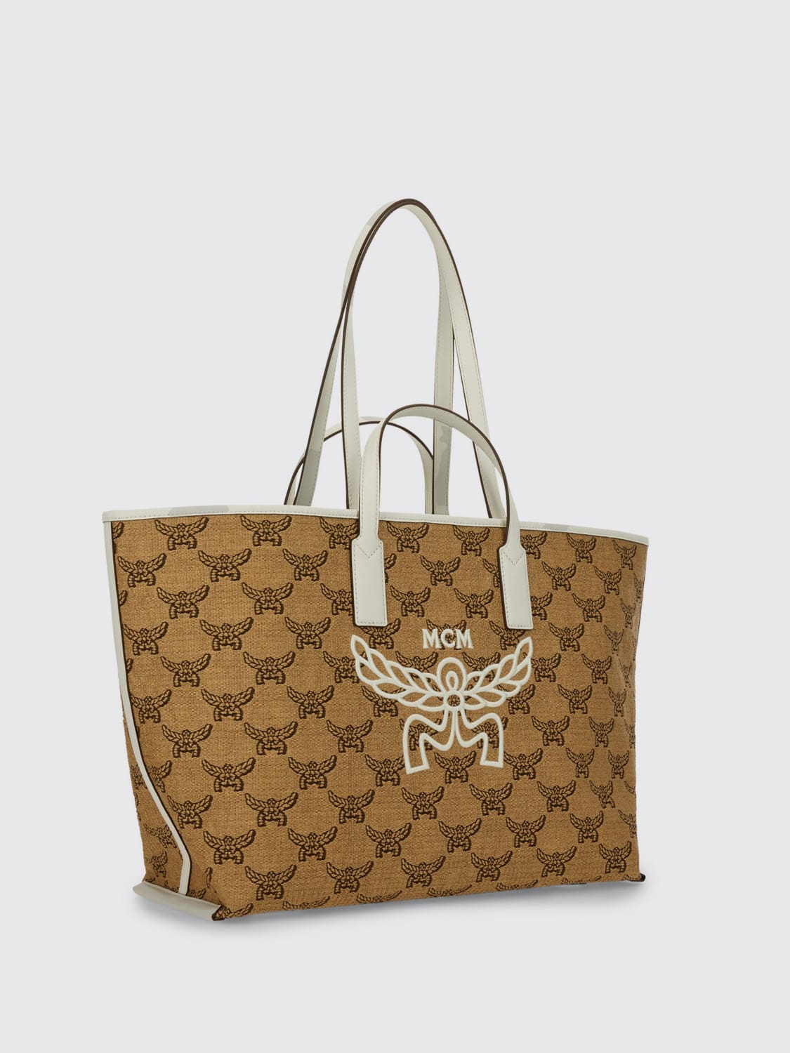 MCM BORSA TOTE: Borse shopping Himmel in rafia ricamata Mcm, Beige - Img 1