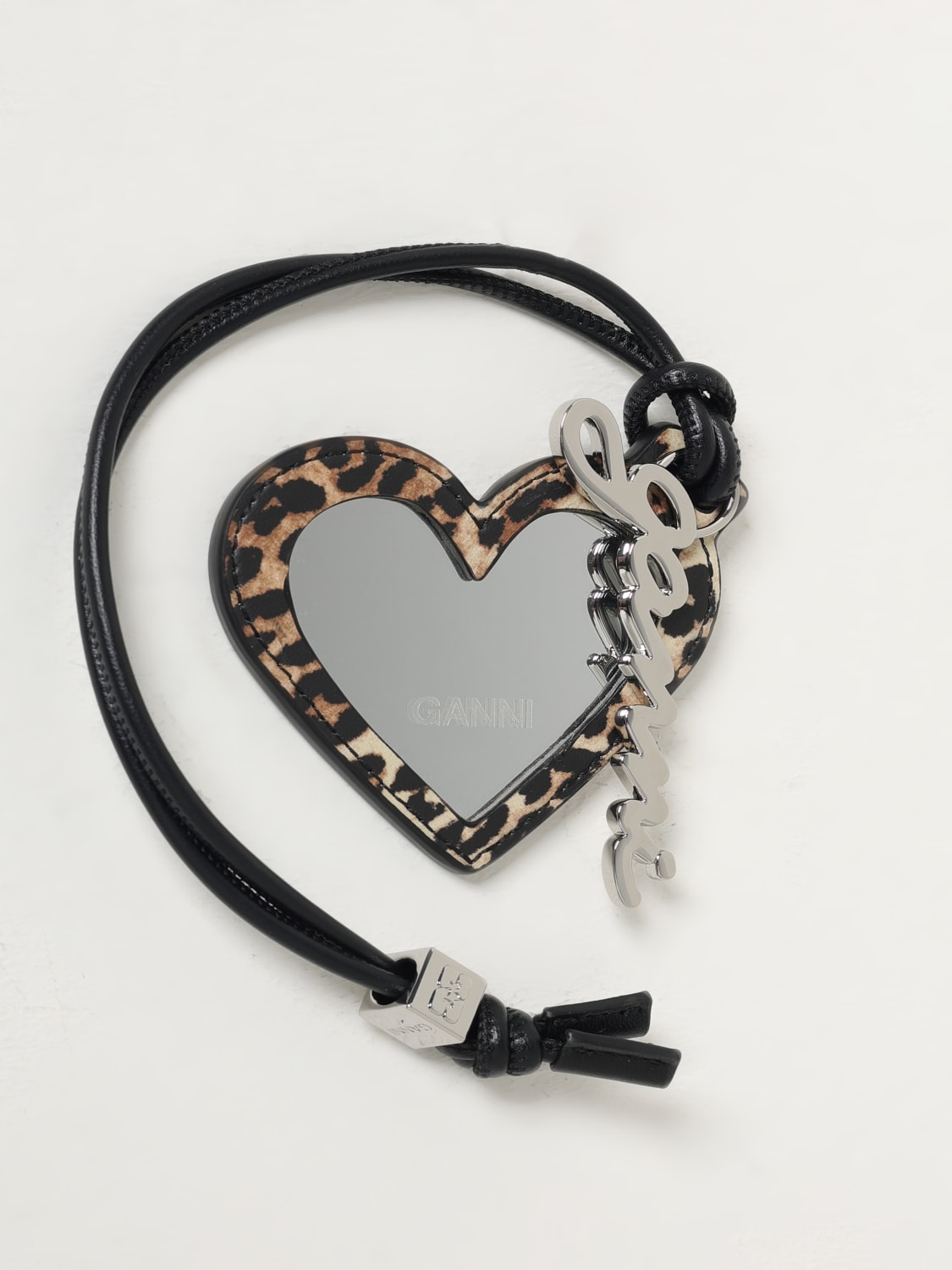 GANNI PORTACHIAVI: Portachiavi Ganni in misto pelle stampa animalier , Marrone - Img 1