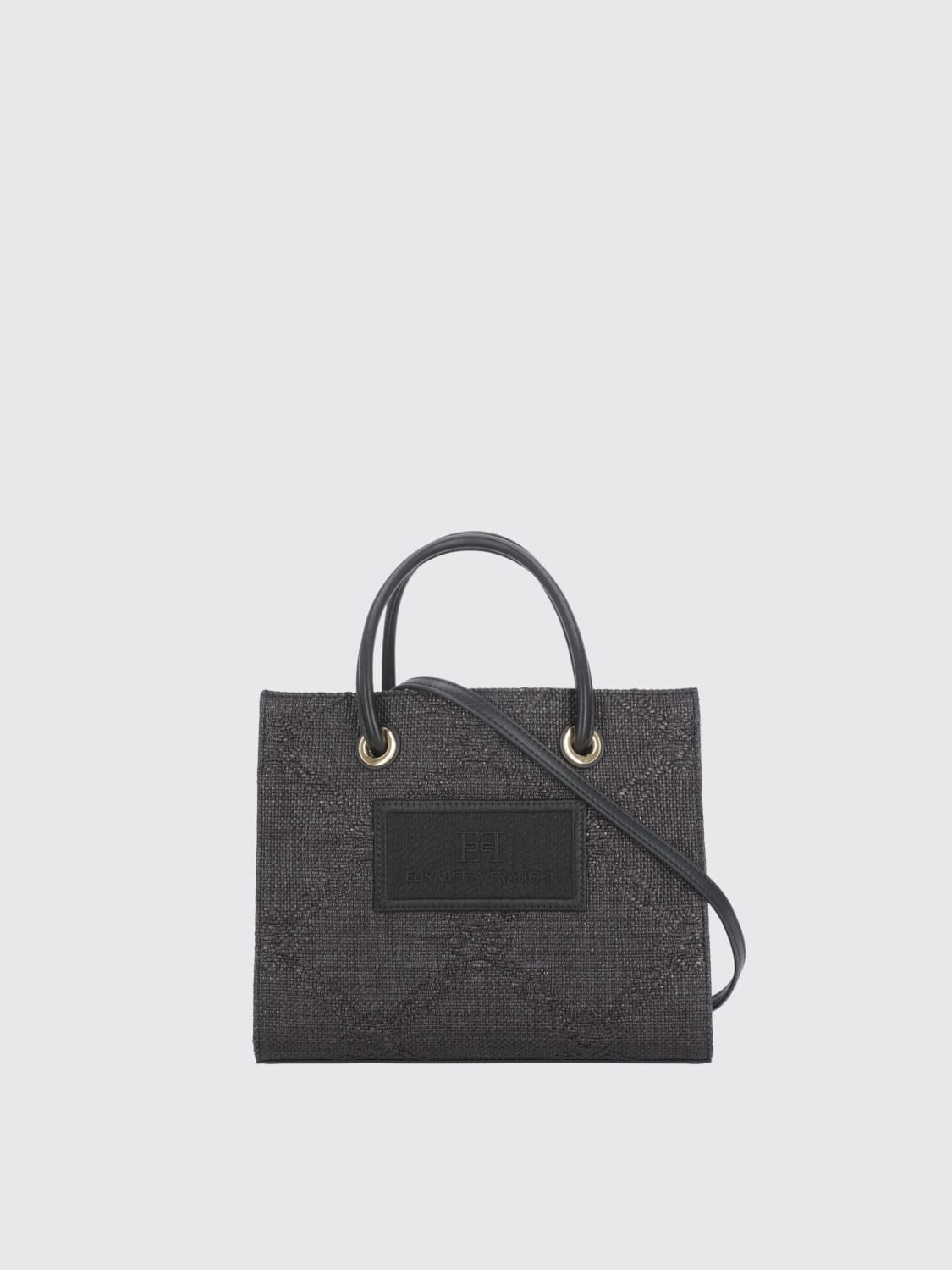 ELISABETTA FRANCHI BORSA A MANO: Borsa Elisabetta Franchi in rafia con logo jacquard , Nero - Img 1