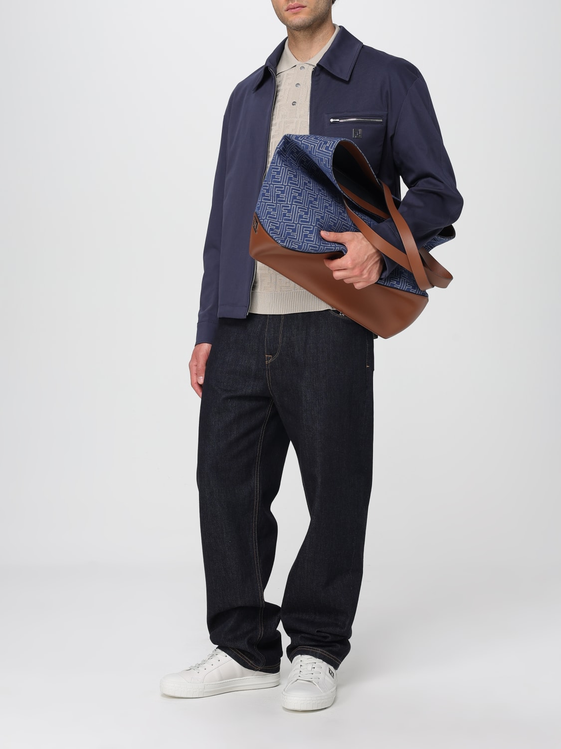 FENDI BORSA: Borsa Tote FF Fendi in denim, Grigio - Img 2