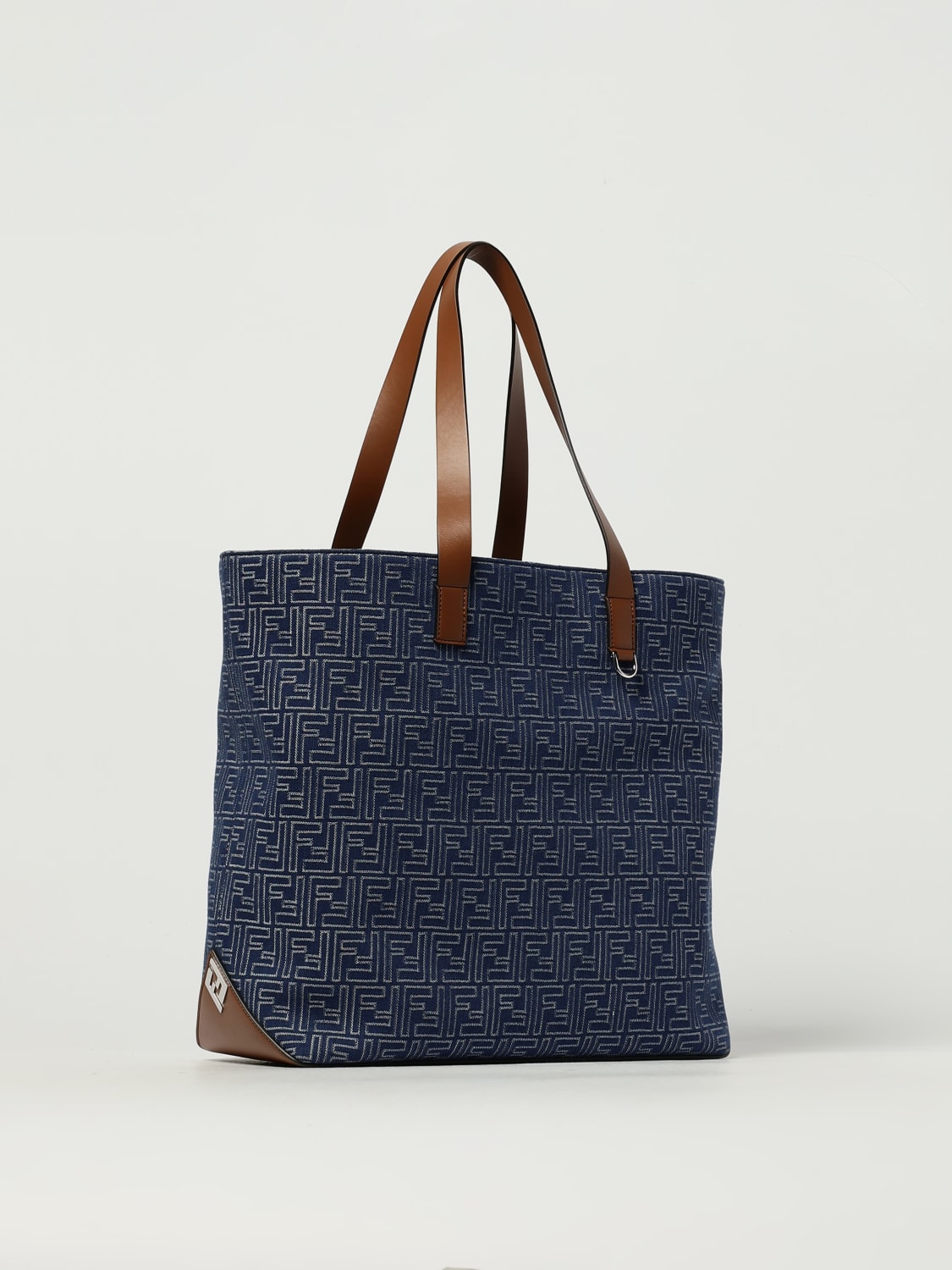 FENDI BORSA: Borsa Tote FF Fendi in denim, Grigio - Img 3