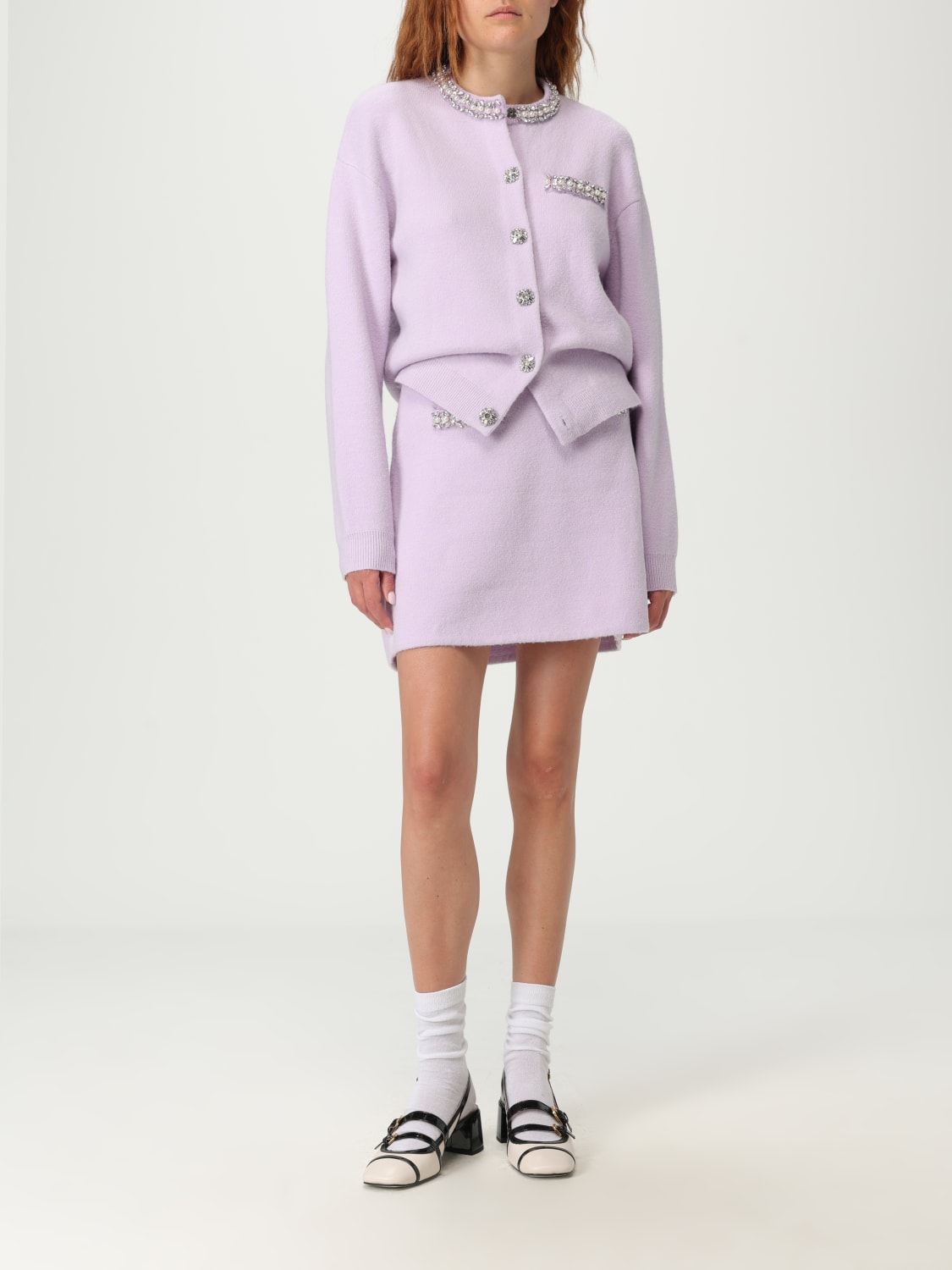 SELF-PORTRAIT GONNA: Gonna mini Self-Portrait in maglia con strass , Lilla - Img 2