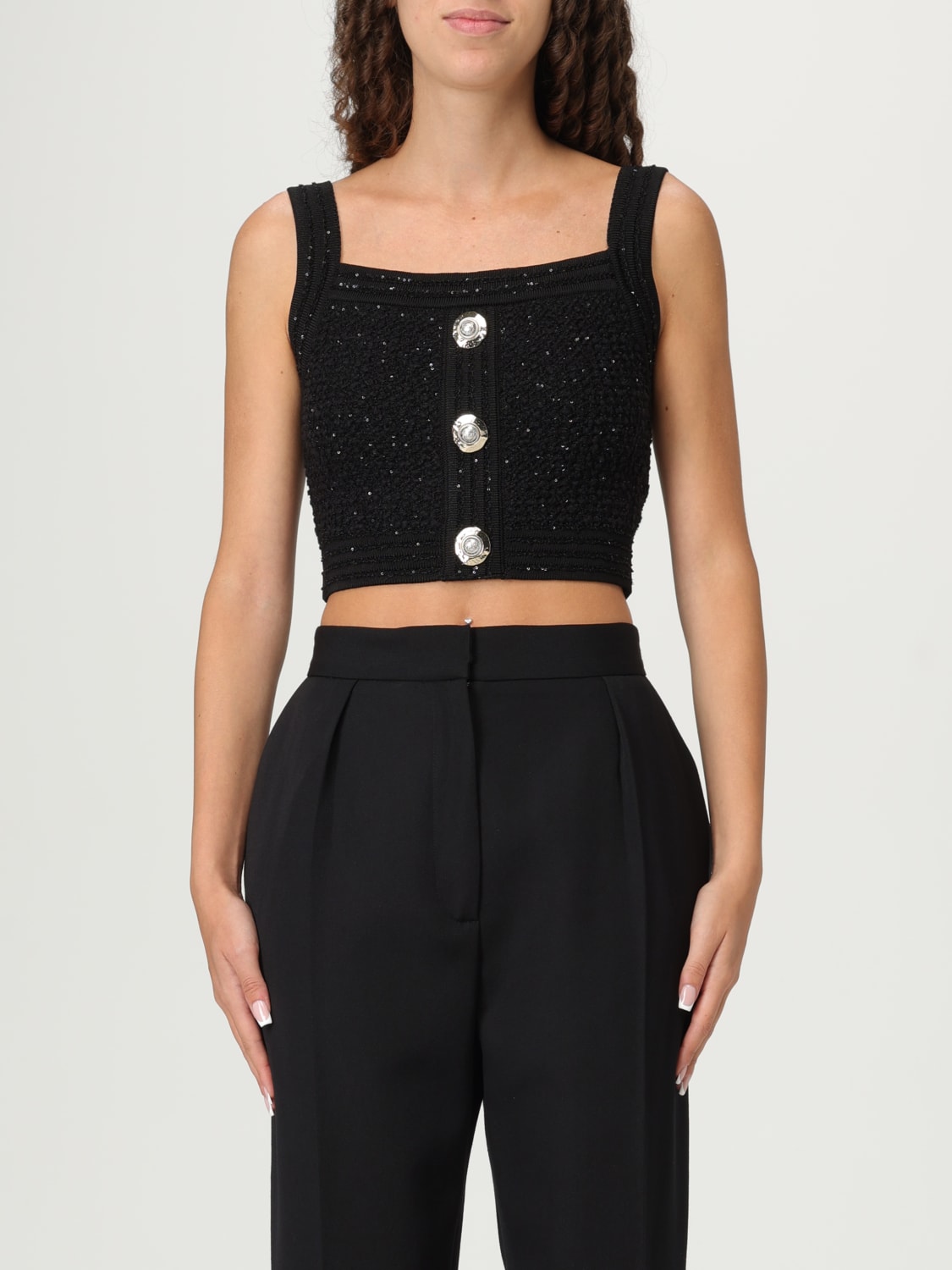 BALMAIN TOP: Top cropped Balmain in tweed , Nero - Img 1