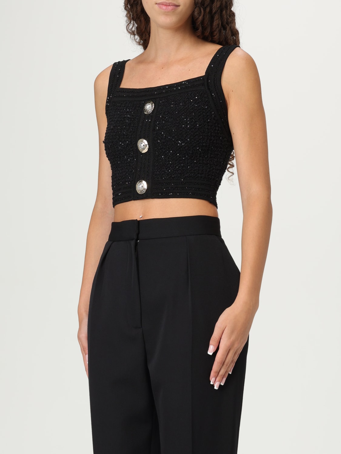BALMAIN TOP: Top cropped Balmain in tweed , Nero - Img 4