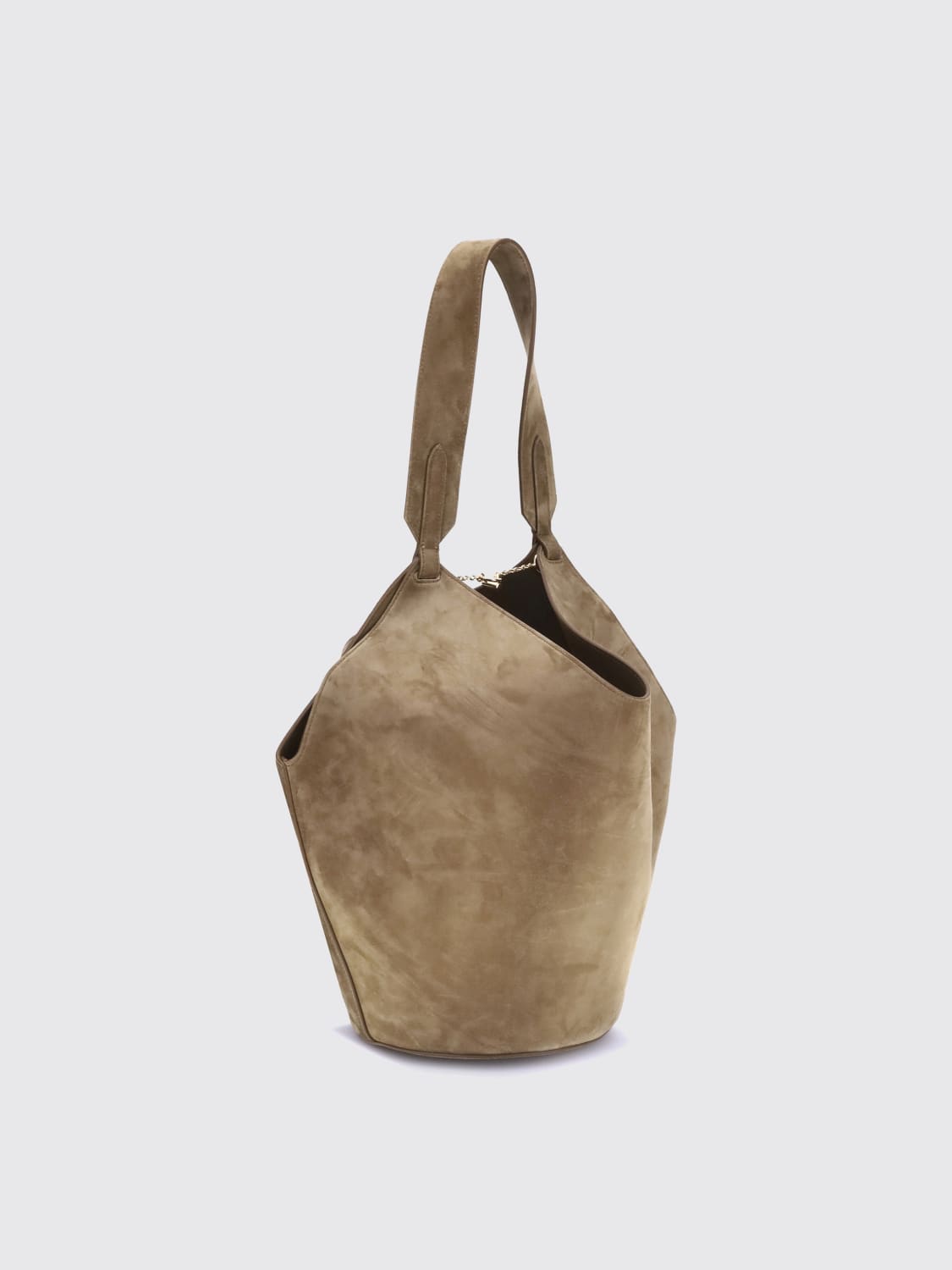 KHAITE BORSA A SPALLA: Borsa Lotus Khaite in pelle di vitello scamosciata, Fango - Img 2
