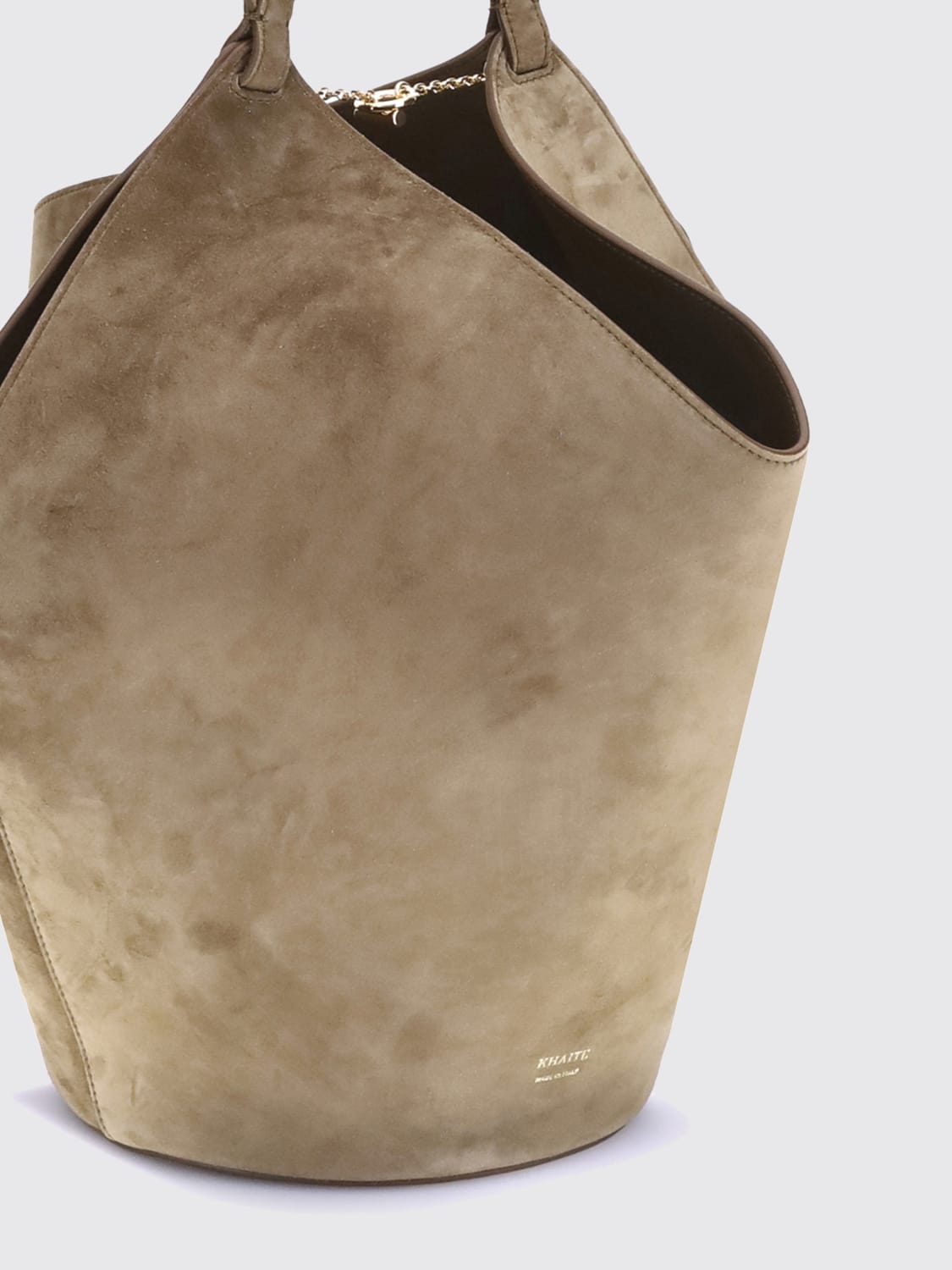 KHAITE BORSA A SPALLA: Borsa Lotus Khaite in pelle di vitello scamosciata, Fango - Img 3