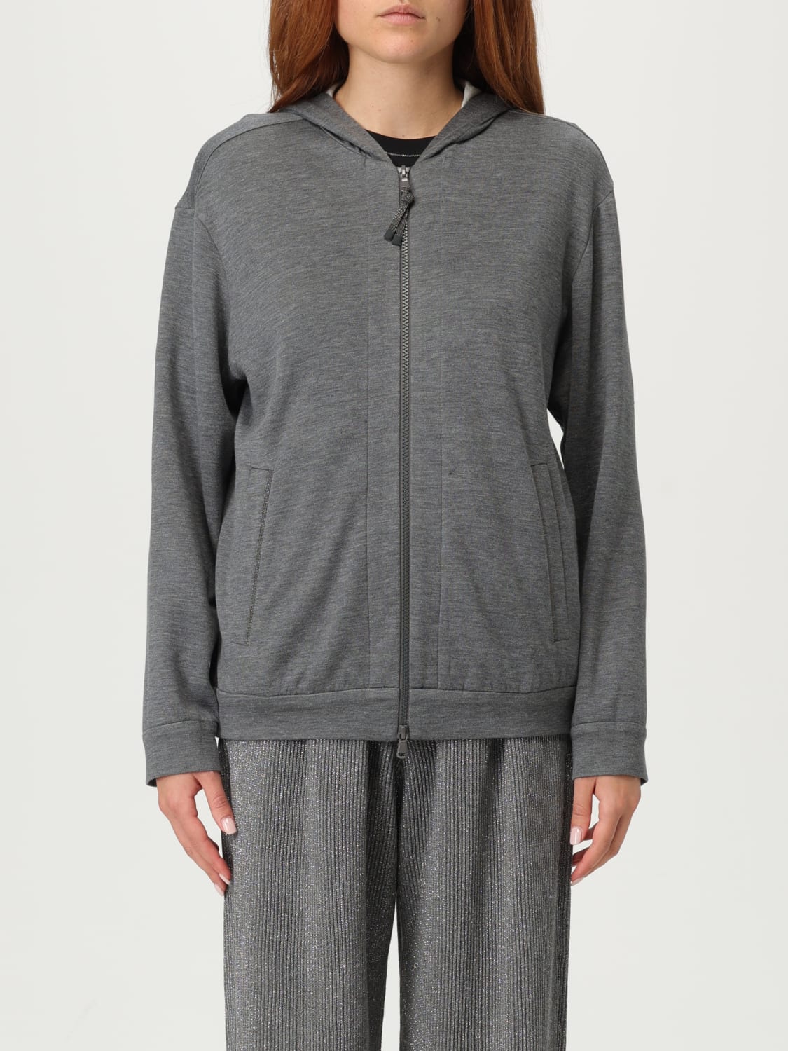 BRUNELLO CUCINELLI FELPA: Felpa con cappuccio in cotone e seta Brunello Cucinelli, Grigio - Img 1