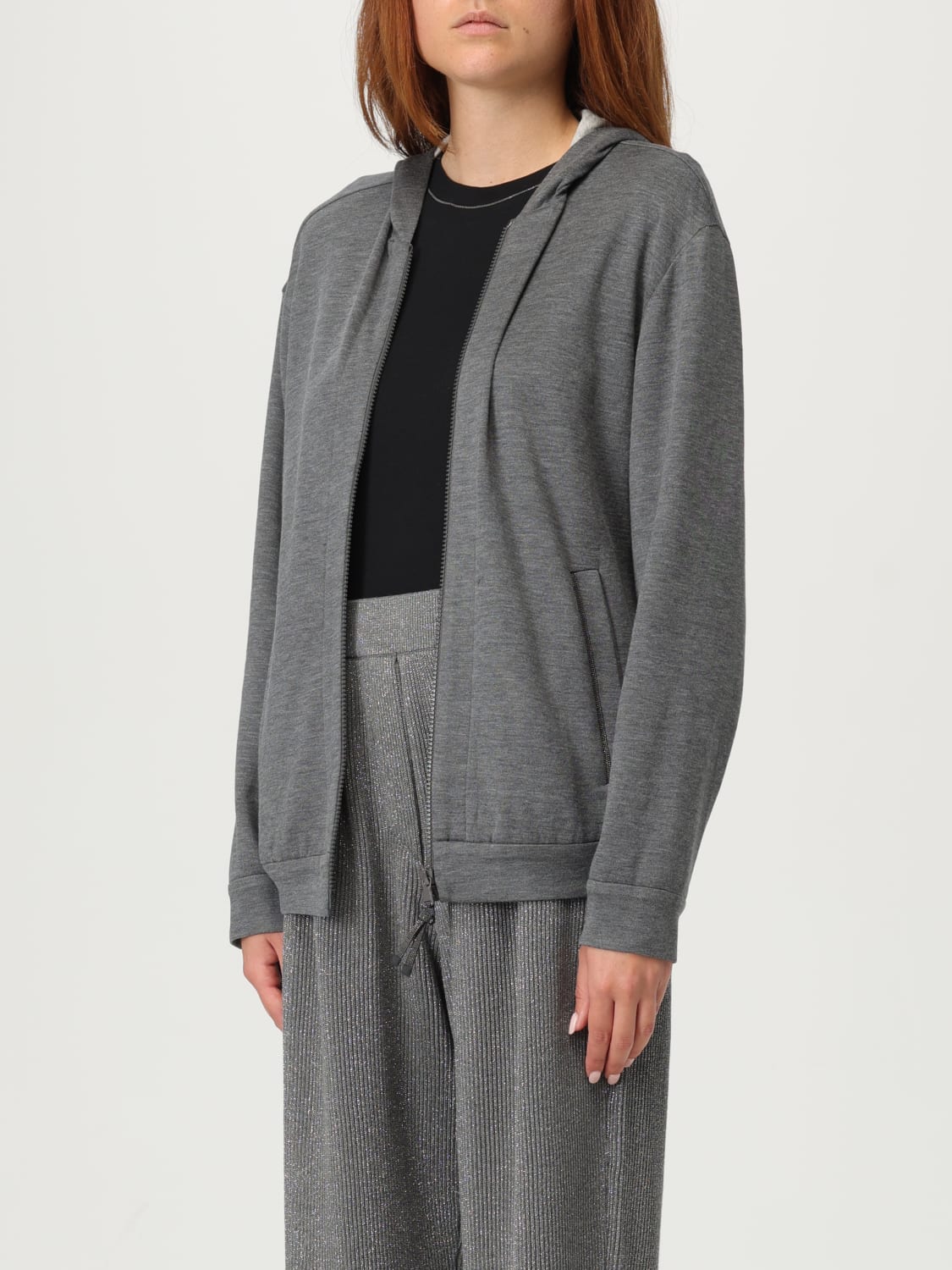 BRUNELLO CUCINELLI FELPA: Felpa con cappuccio in cotone e seta Brunello Cucinelli, Grigio - Img 4