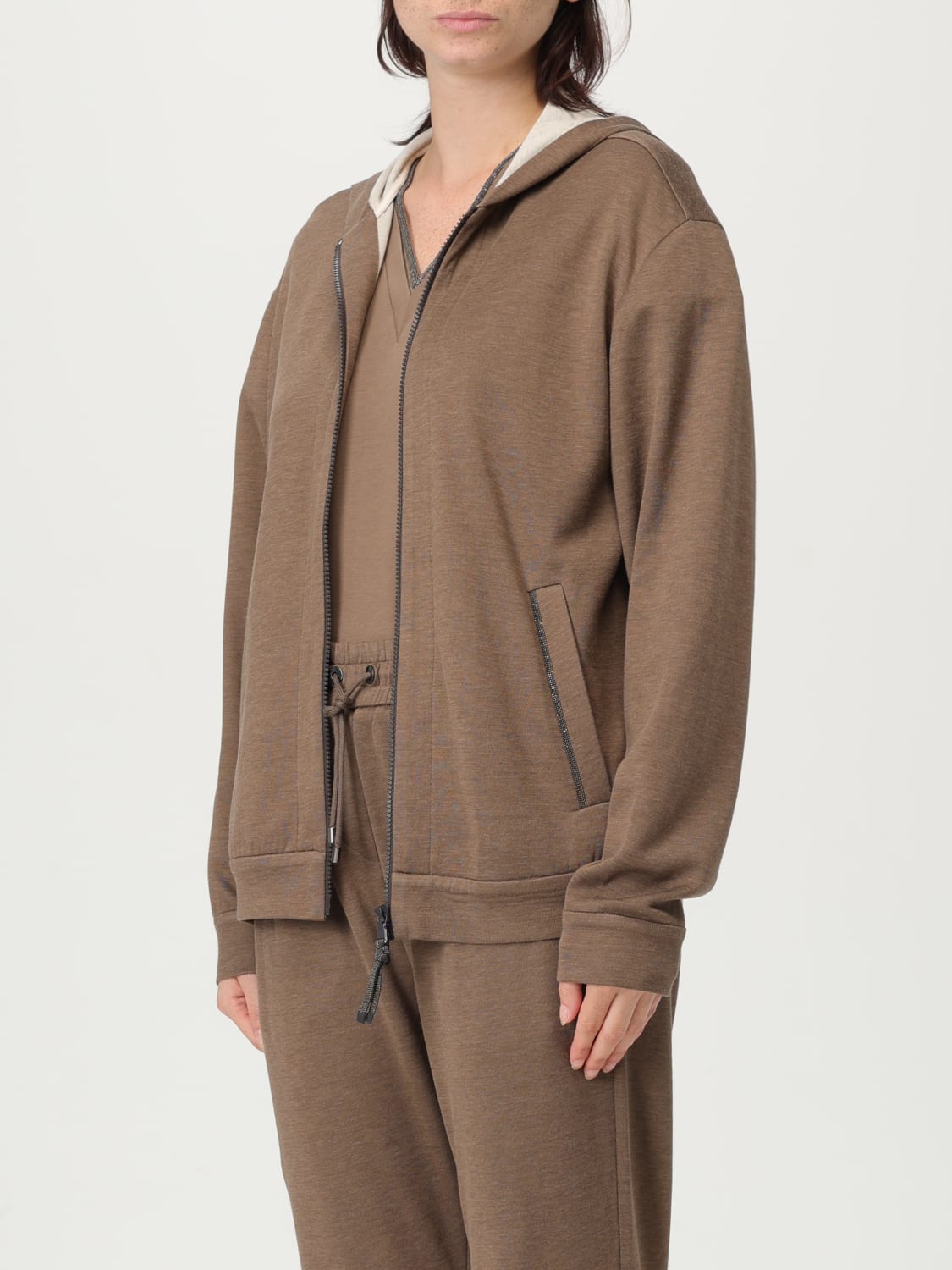 BRUNELLO CUCINELLI FELPA: Felpa con cappuccio in cotone e seta Brunello Cucinelli, Marrone - Img 4