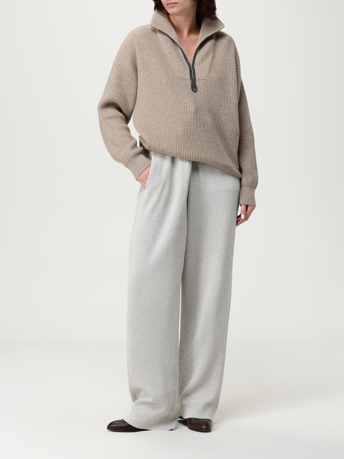 BRUNELLO CUCINELLI PANTALONI: Pantalone Brunello Cucinelli in misto cotone lurex , Grigio Topo - Img 2