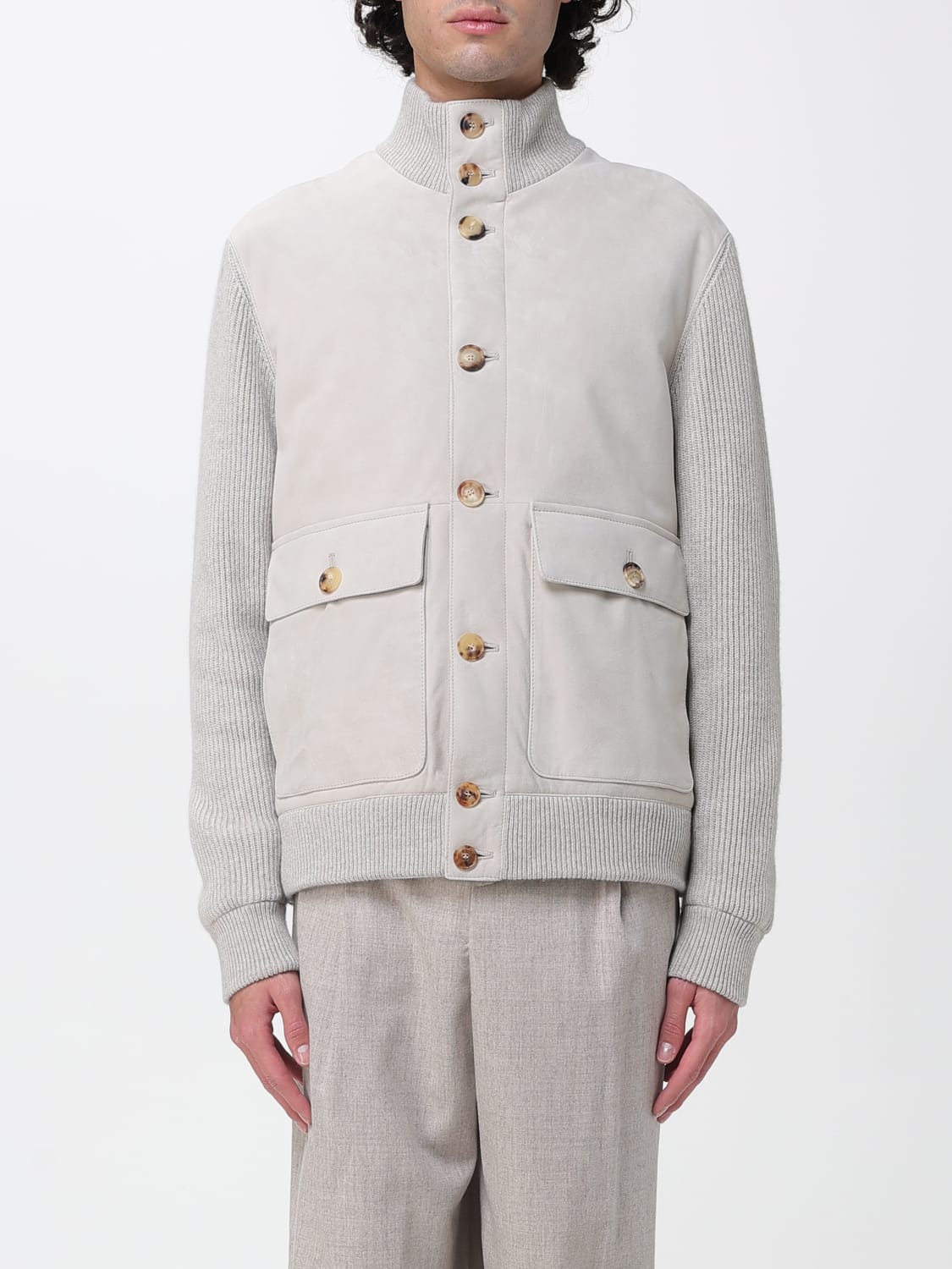 BRUNELLO CUCINELLI GIACCA: Blouson Brunello Cucinelli in pelle scamosciata e lana , Grigio - Img 1