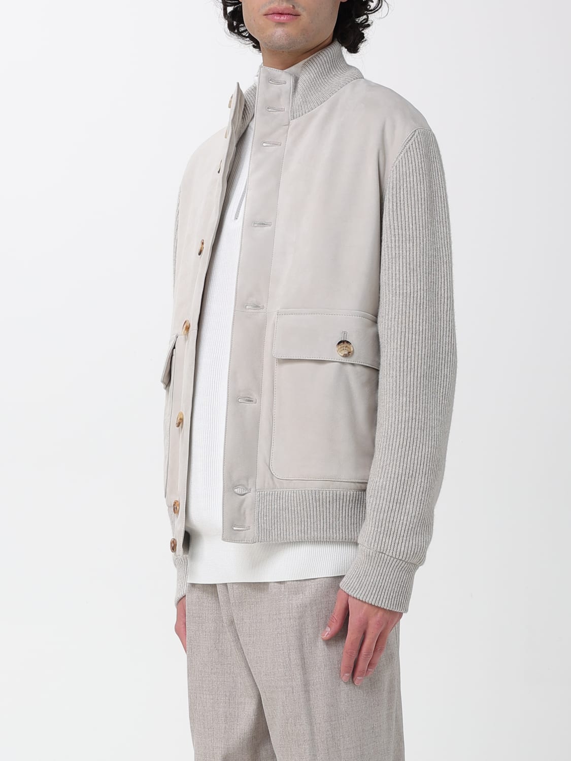 BRUNELLO CUCINELLI GIACCA: Blouson Brunello Cucinelli in pelle scamosciata e lana , Grigio - Img 3