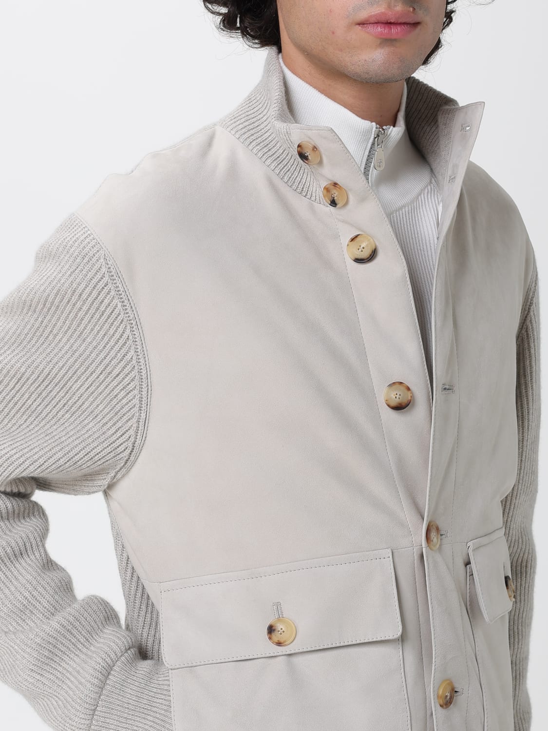 BRUNELLO CUCINELLI GIACCA: Blouson Brunello Cucinelli in pelle scamosciata e lana , Grigio - Img 4