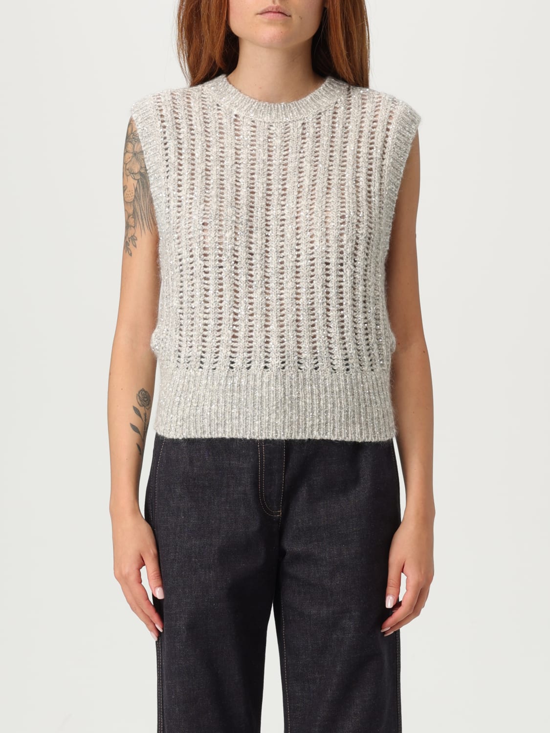 BRUNELLO CUCINELLI GILET: Gilet Brunello Cucinelli in maglia con paillettes ricamate, Avorio - Img 1