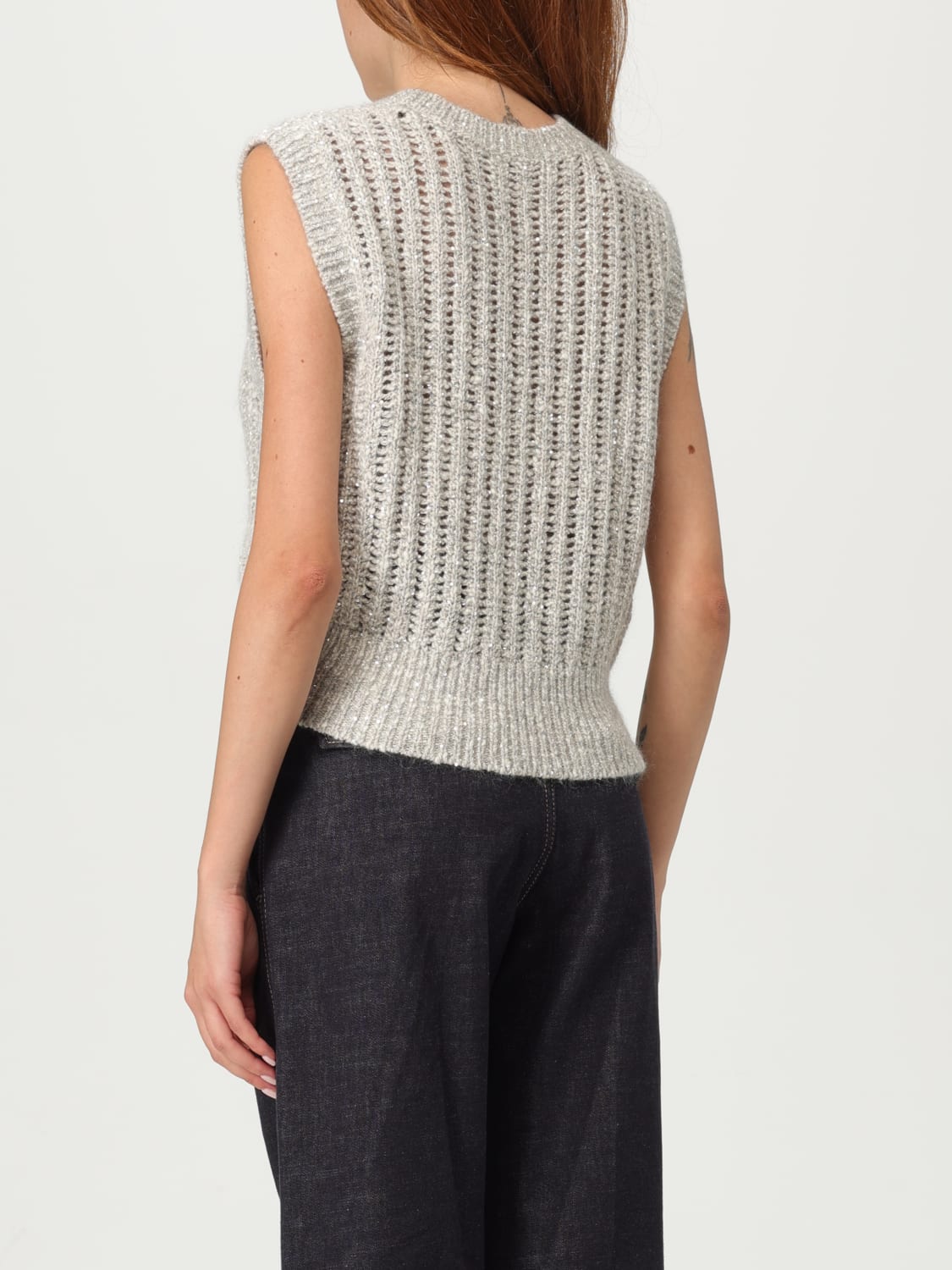 BRUNELLO CUCINELLI GILET: Gilet Brunello Cucinelli in maglia con paillettes ricamate, Avorio - Img 3
