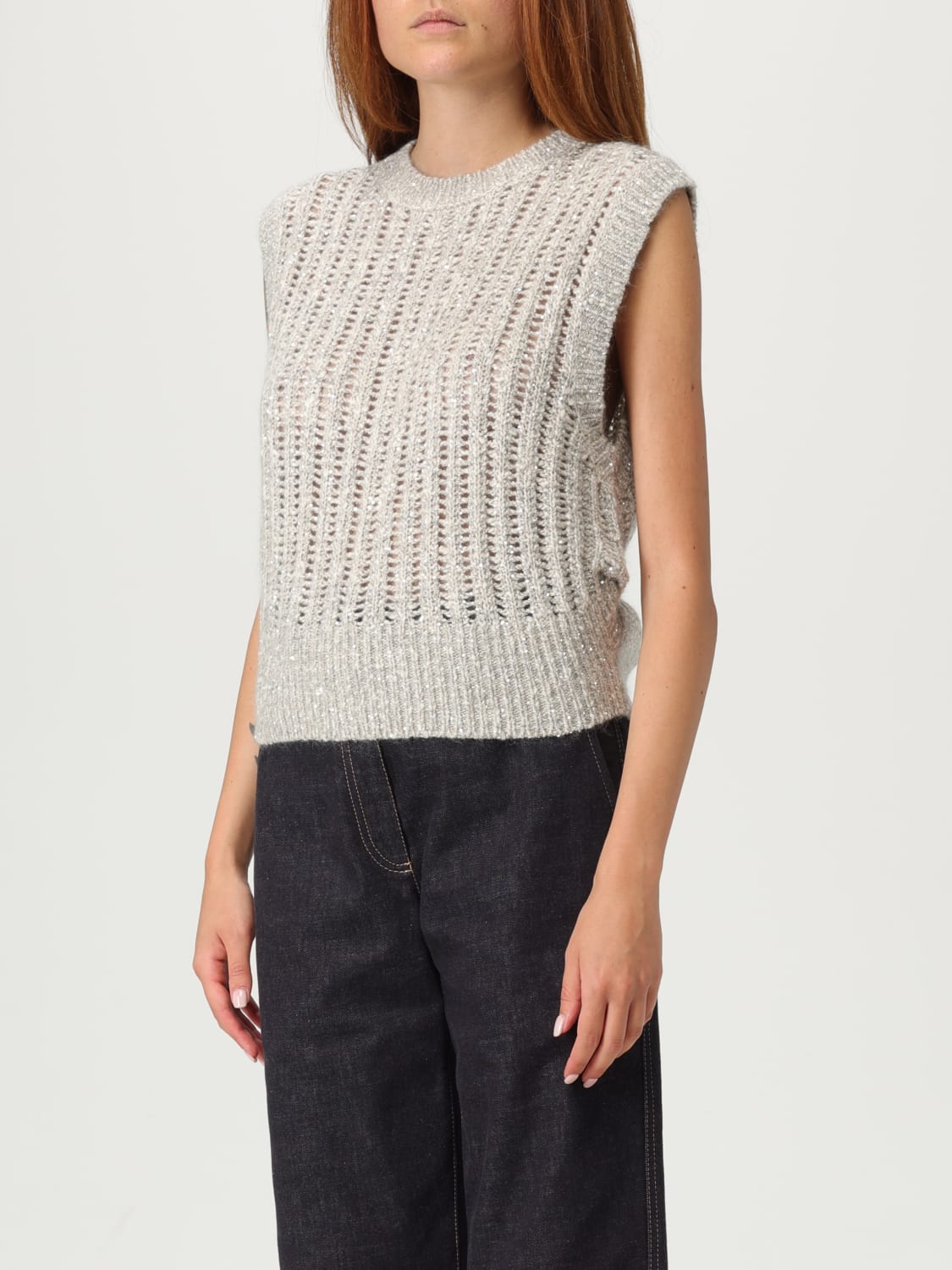 BRUNELLO CUCINELLI GILET: Gilet Brunello Cucinelli in maglia con paillettes ricamate, Avorio - Img 4