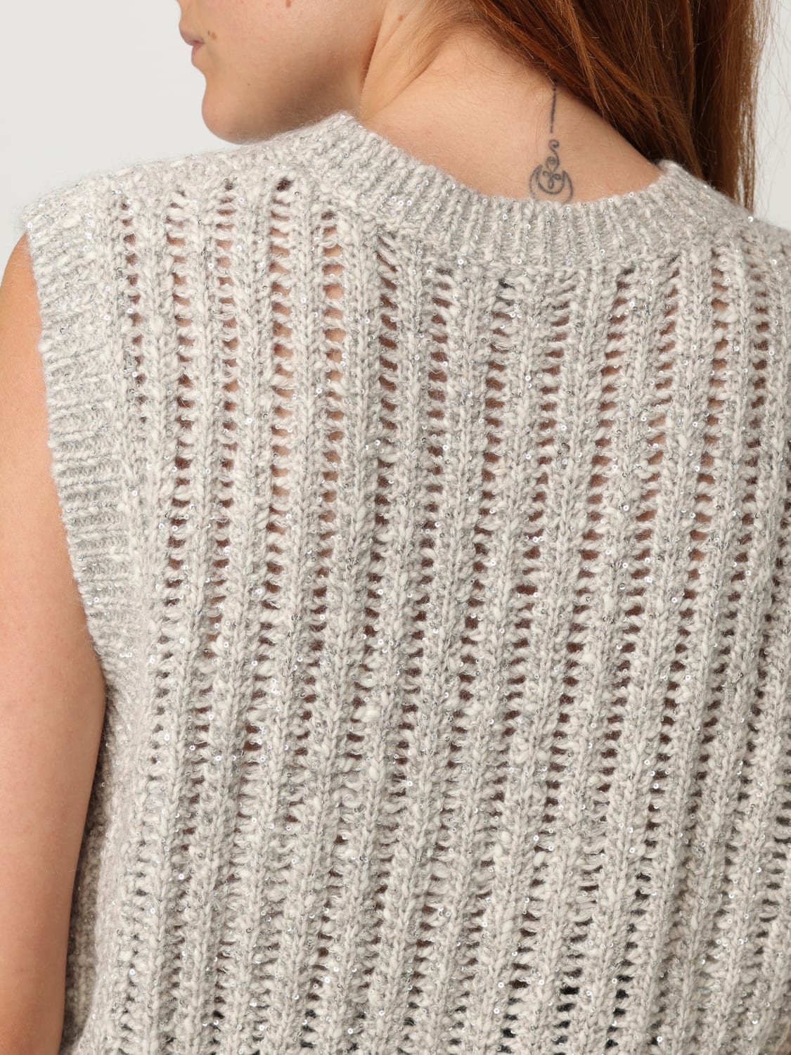 BRUNELLO CUCINELLI GILET: Gilet Brunello Cucinelli in maglia con paillettes ricamate, Avorio - Img 5