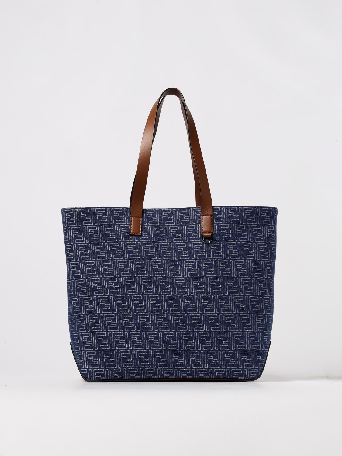 FENDI BORSA A TRACOLLA: Borsa Shopping Bag Medium FF Fendi in denim di cotone jacquard , Blue - Img 1