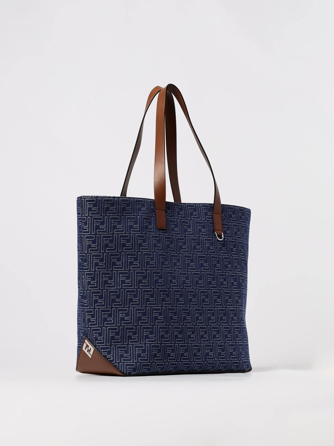 FENDI BORSA A TRACOLLA: Borsa Shopping Bag Medium FF Fendi in denim di cotone jacquard , Blue - Img 3
