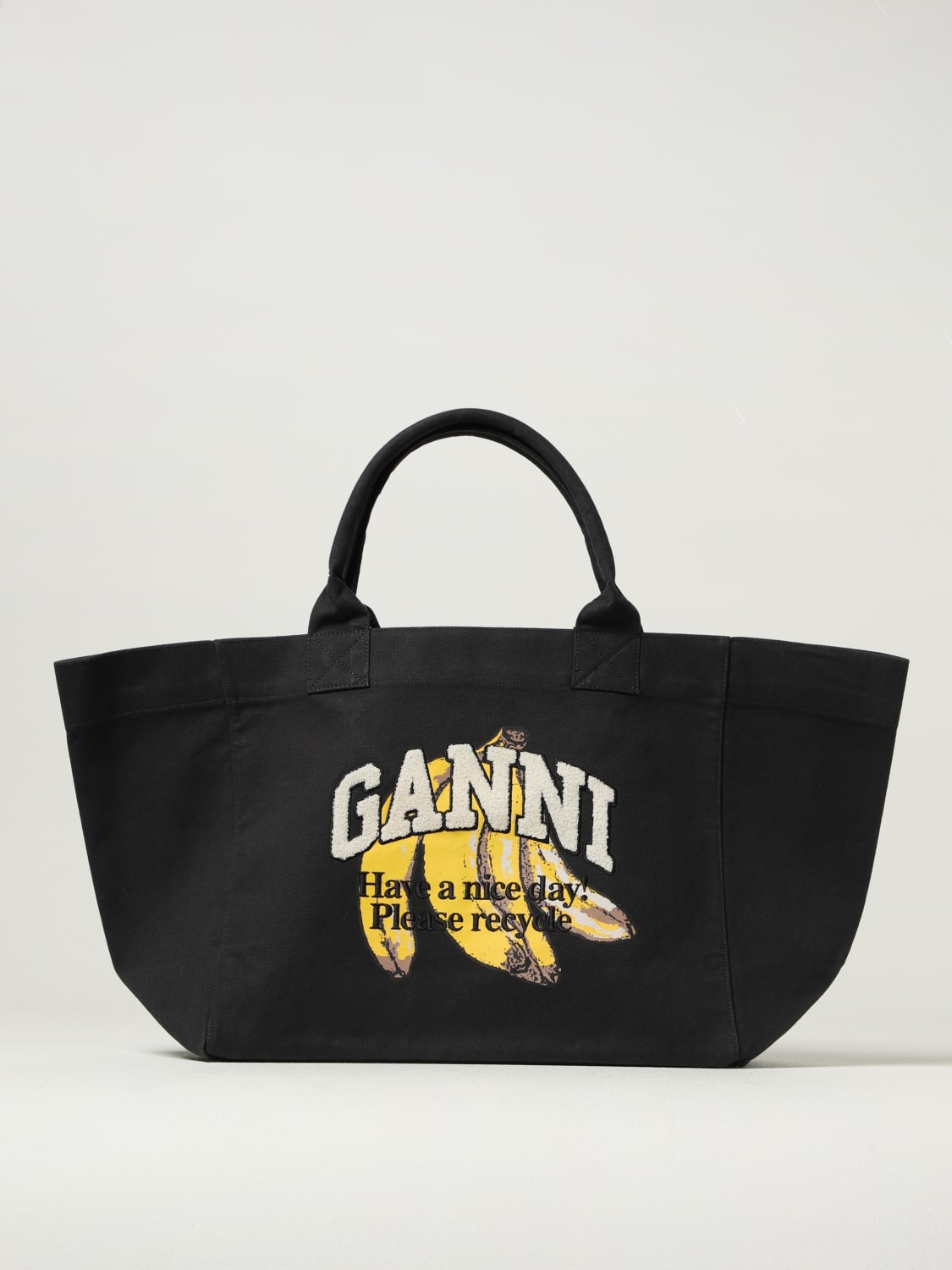 GANNI BORSA TOTE: Borsa tote in cotone stampa Banana Ganni, Nero - Img 1