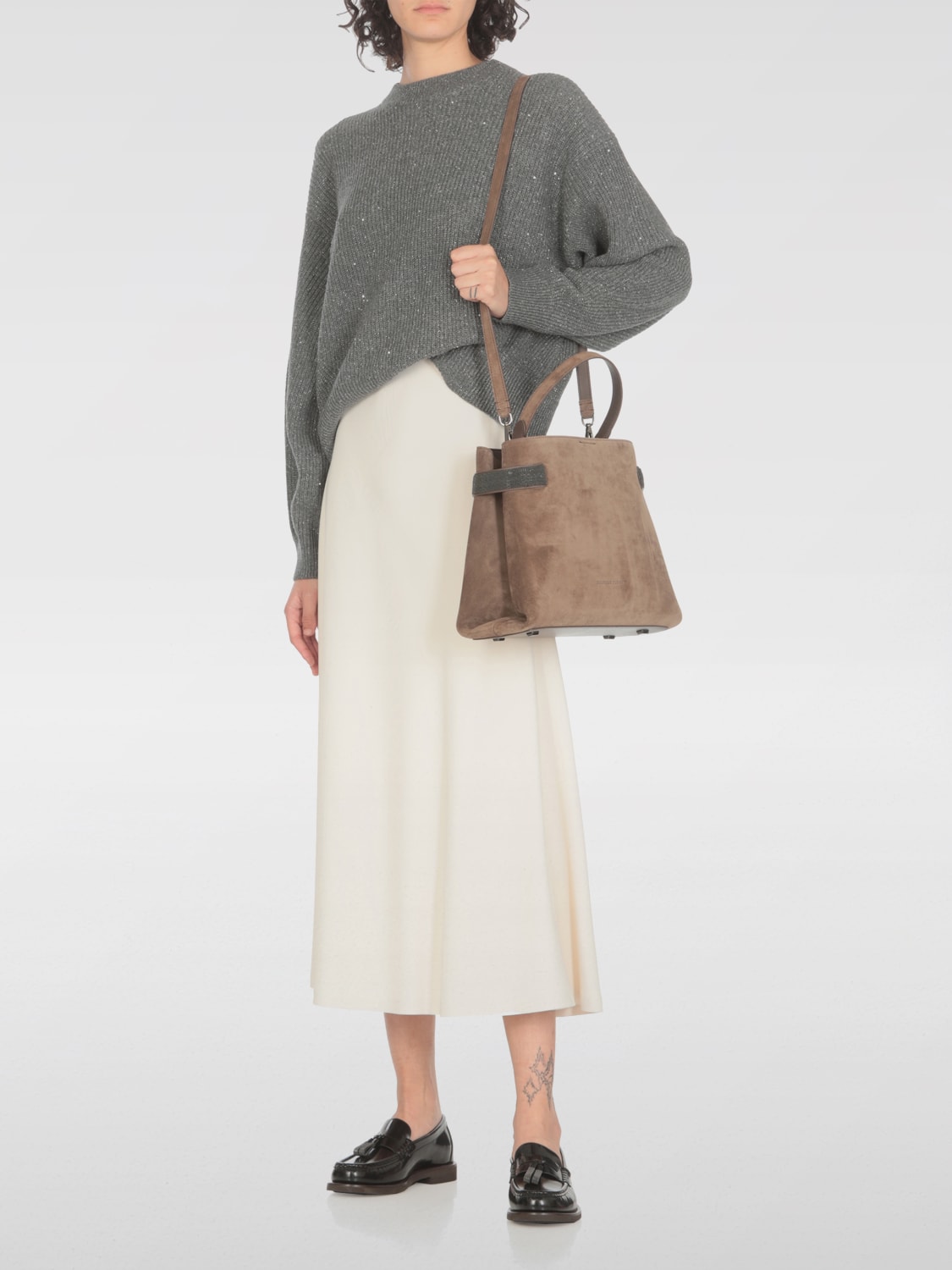 BRUNELLO CUCINELLI BORSA A MANO: Borsa Essence Brunello Cucinelli in camoscio con monile , Marrone - Img 2