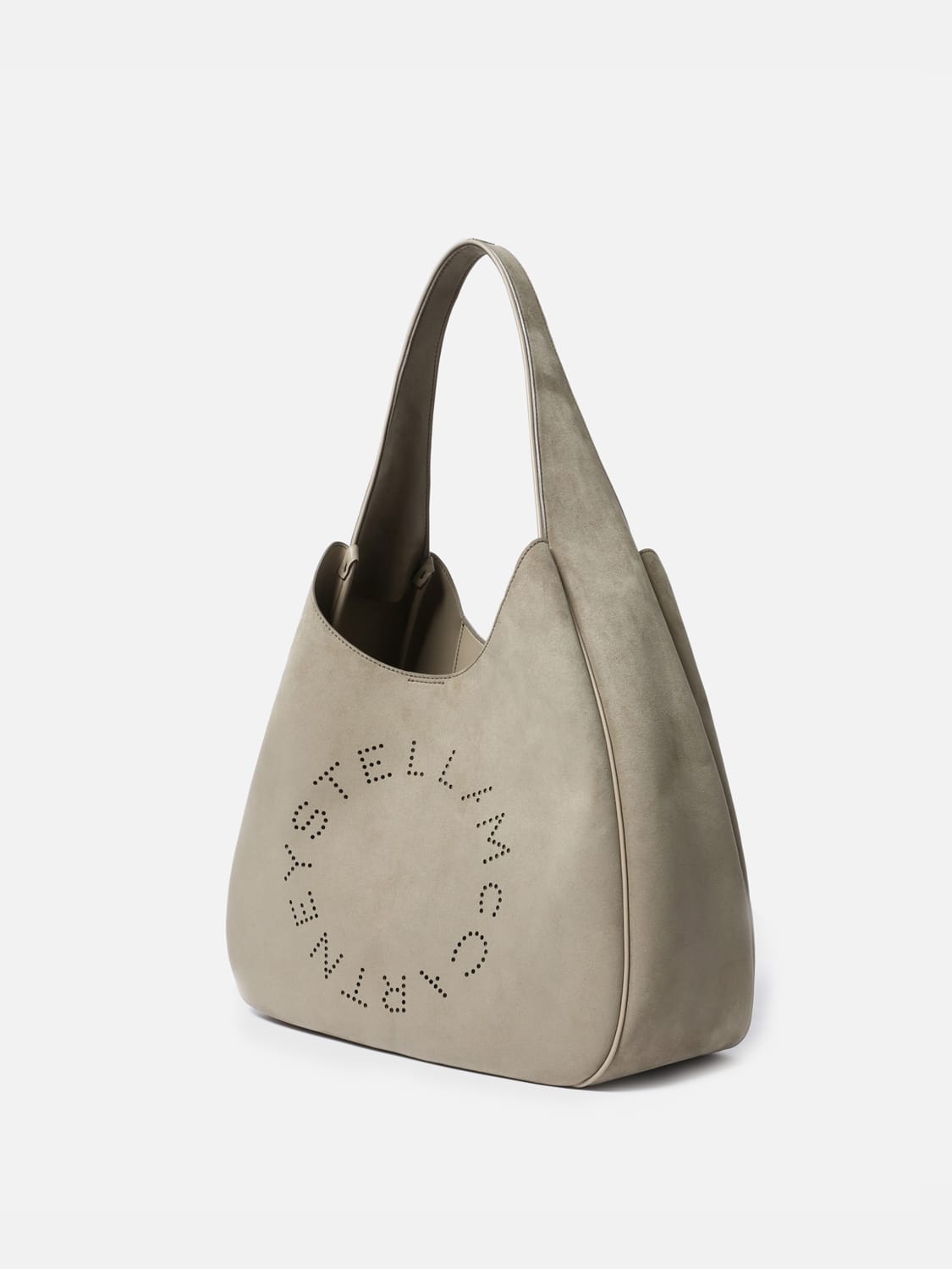 STELLA MCCARTNEY BORSA A SPALLA: Borsa Stella McCartney in camoscio sintetico con logo traforato , Grigio - Img 3