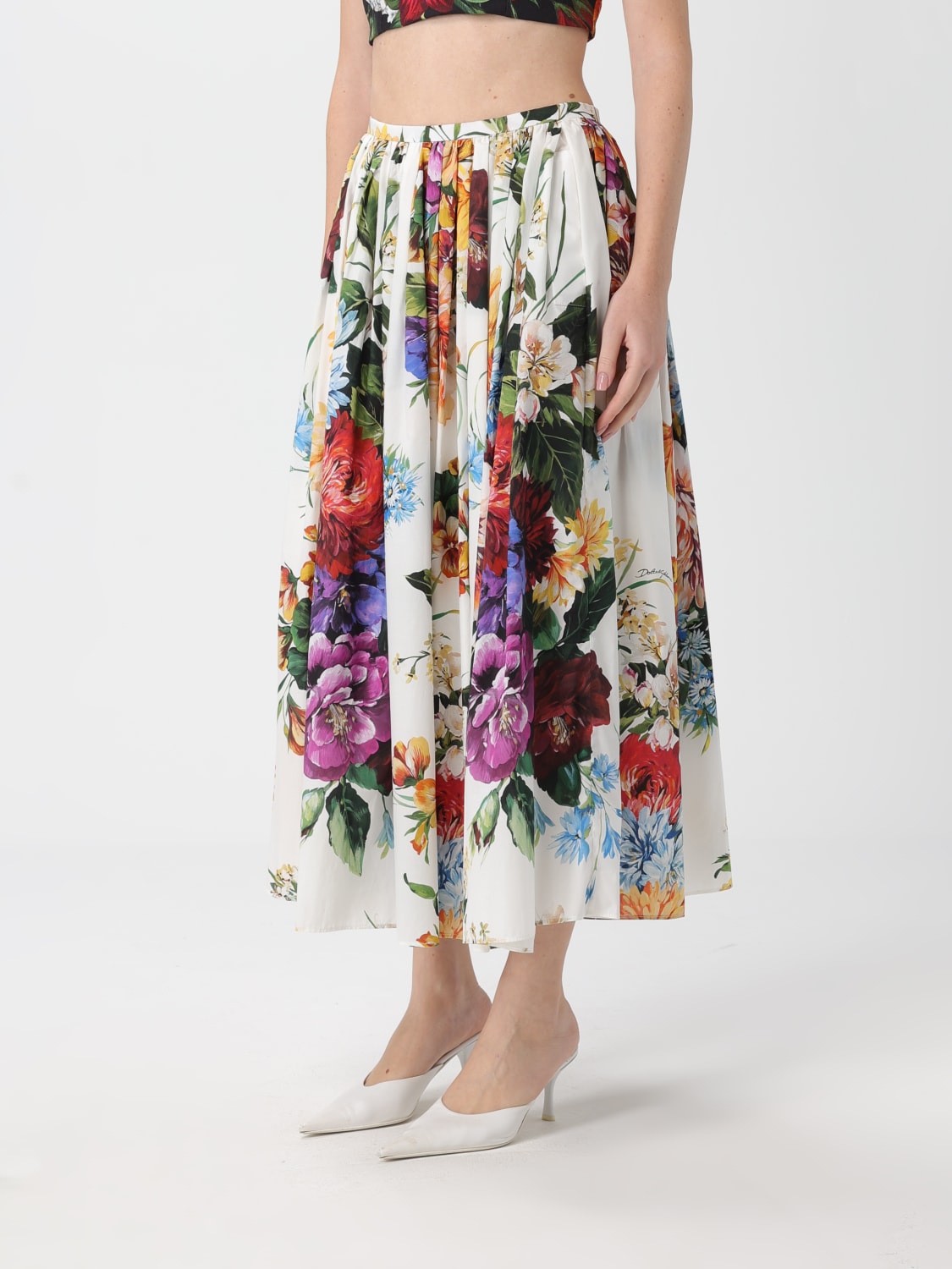 DOLCE & GABBANA GONNA: Gonna midi Dolce & Gabbana in cotone con stampa floreale , Bianco - Img 4