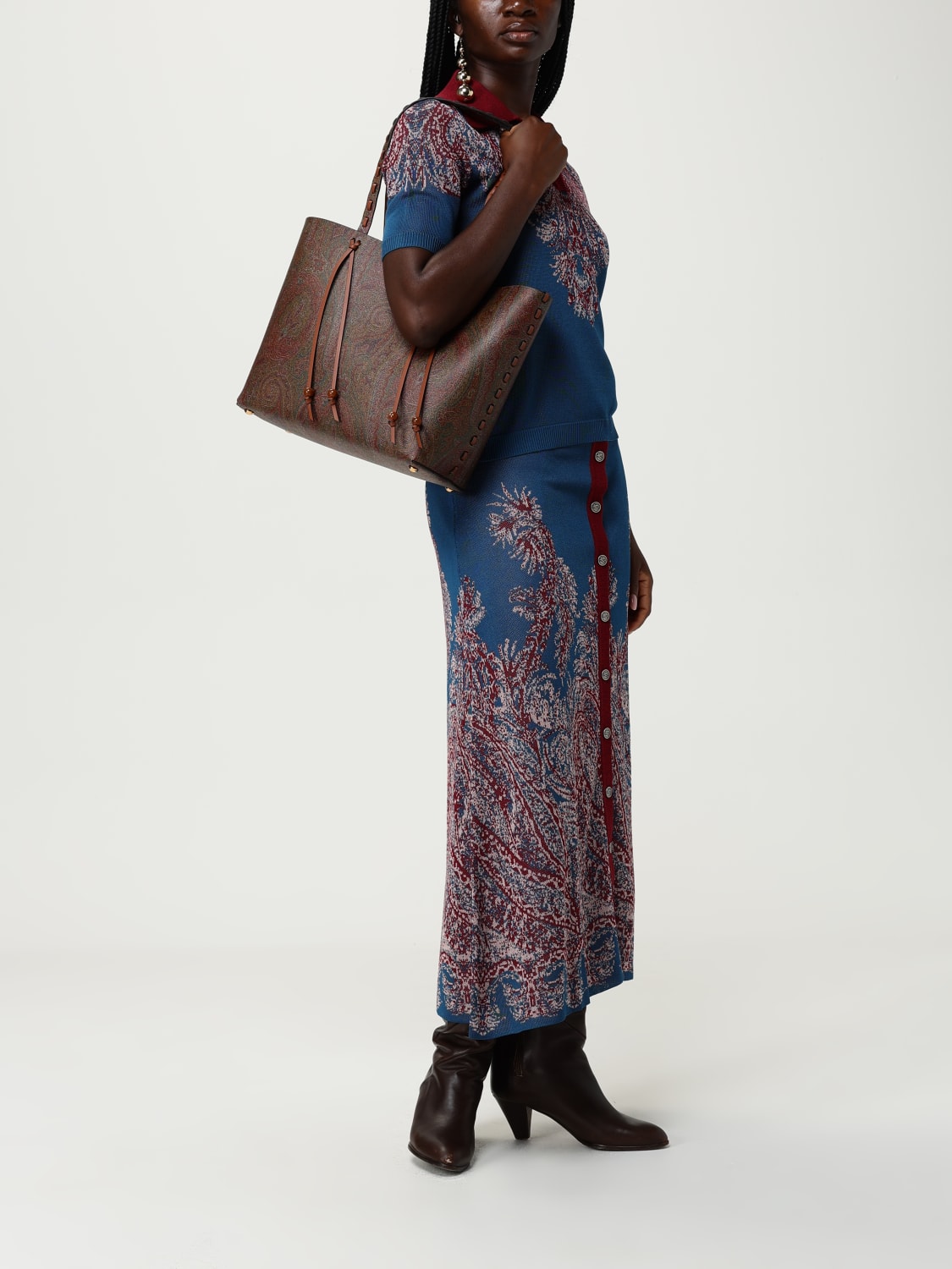 ETRO BORSA A SPALLA: Borsa Arnica Etro in cotone spalmato con cuciture a vivo , Marrone - Img 2