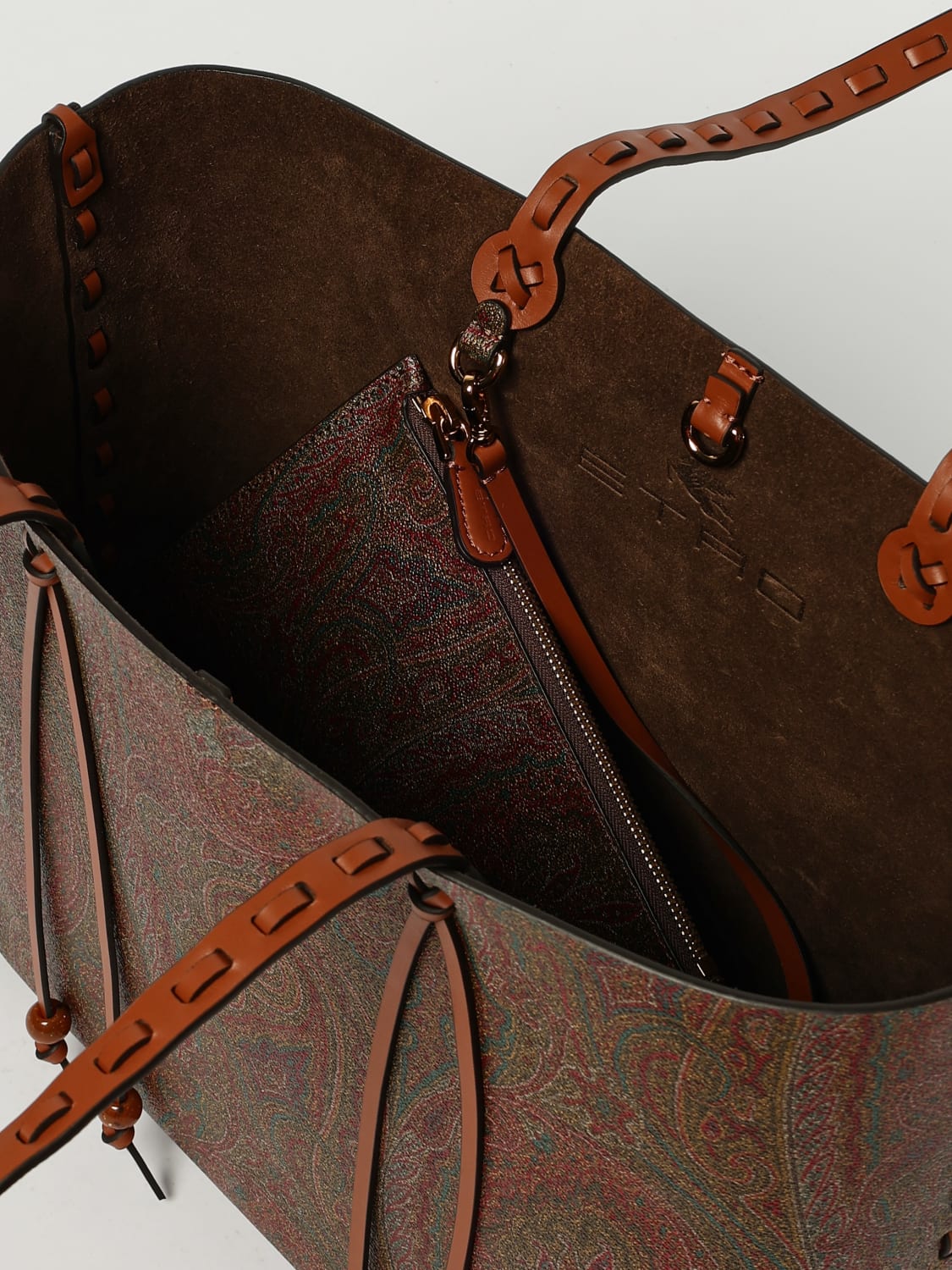 ETRO BORSA A SPALLA: Borsa Arnica Etro in cotone spalmato con cuciture a vivo , Marrone - Img 5