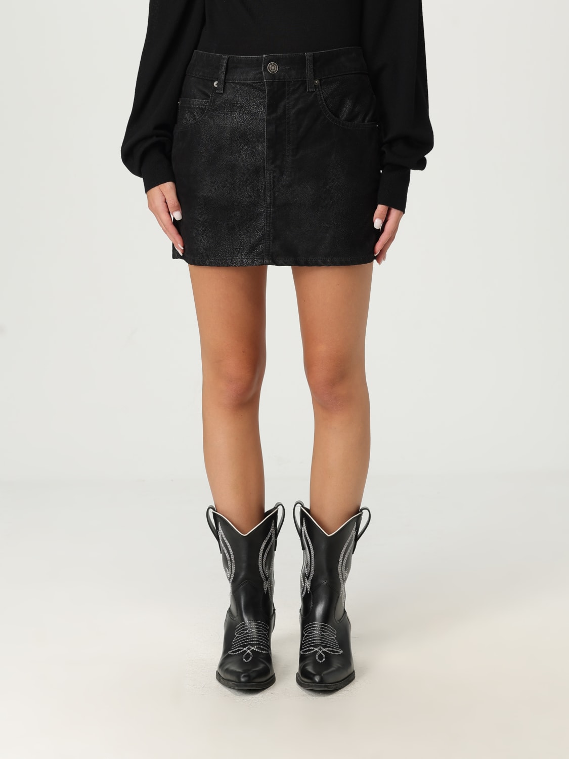 ISABEL MARANT ETOILE GONNA: Gonna mini Isabel Marant Etoile in denim spalmato, Nero - Img 1