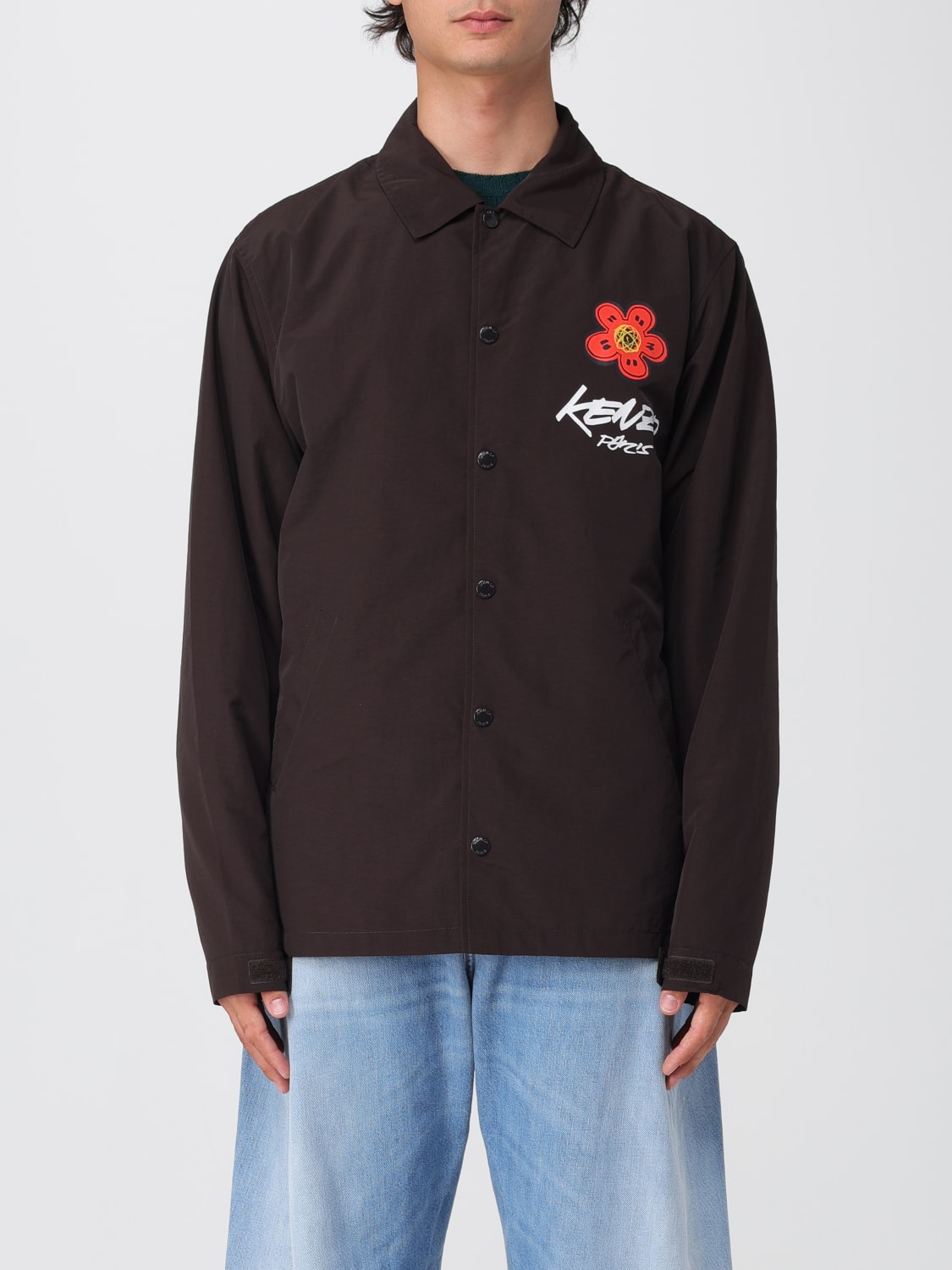 KENZO GIACCA: Overshirt Kenzo in nylon con logo , Marrone - Img 1
