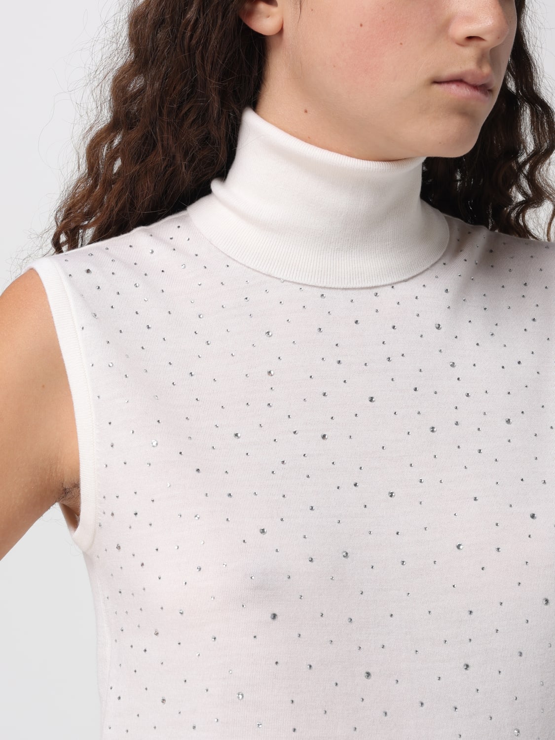 EMPORIO ARMANI TOP: Top con strass Emporio Armani in lana vergine, Bianco - Img 3