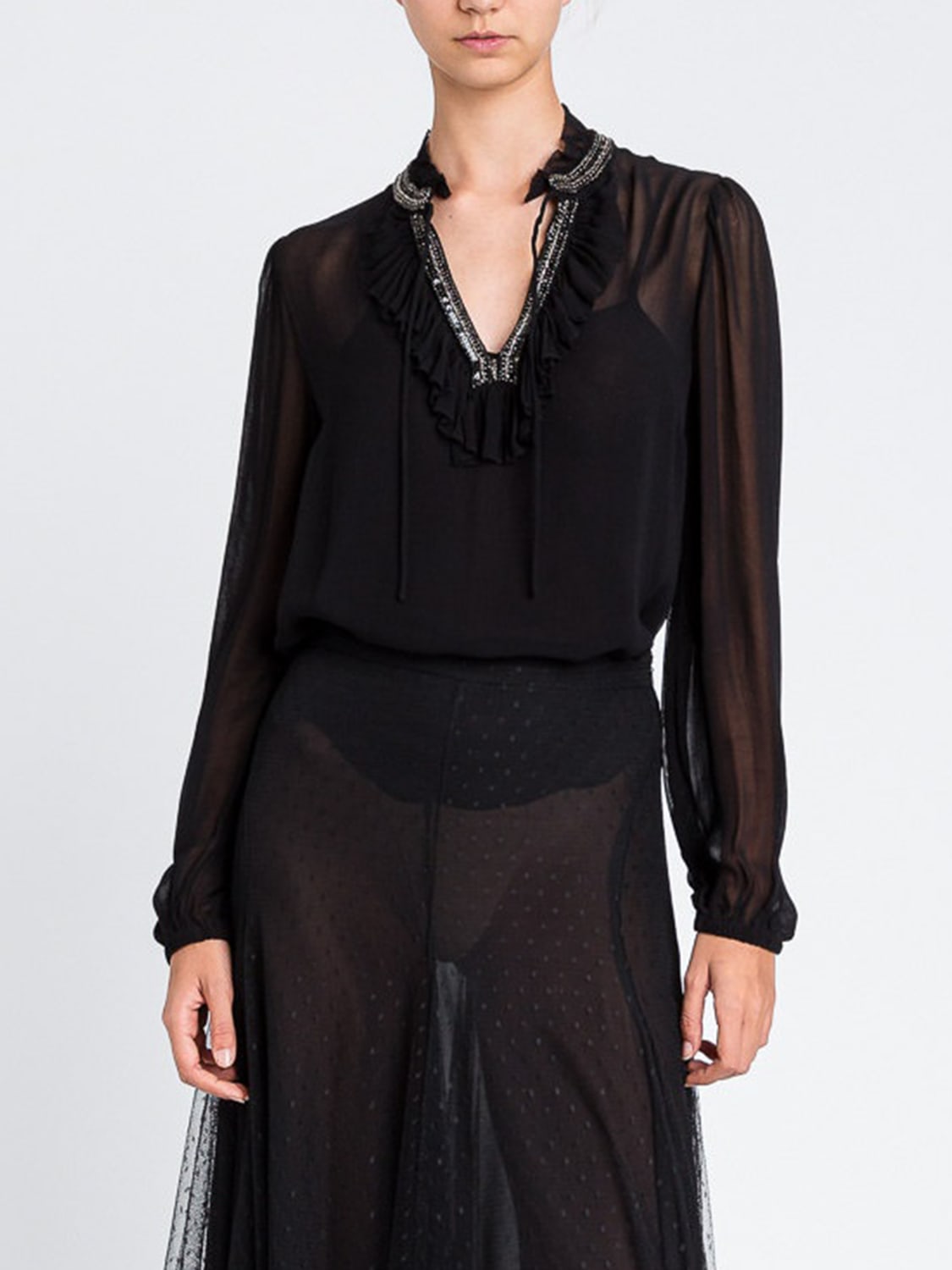 TWINSET TOP: Blusa Twinset in crepe con perline e paillettes ricamate, Nero - Img 1