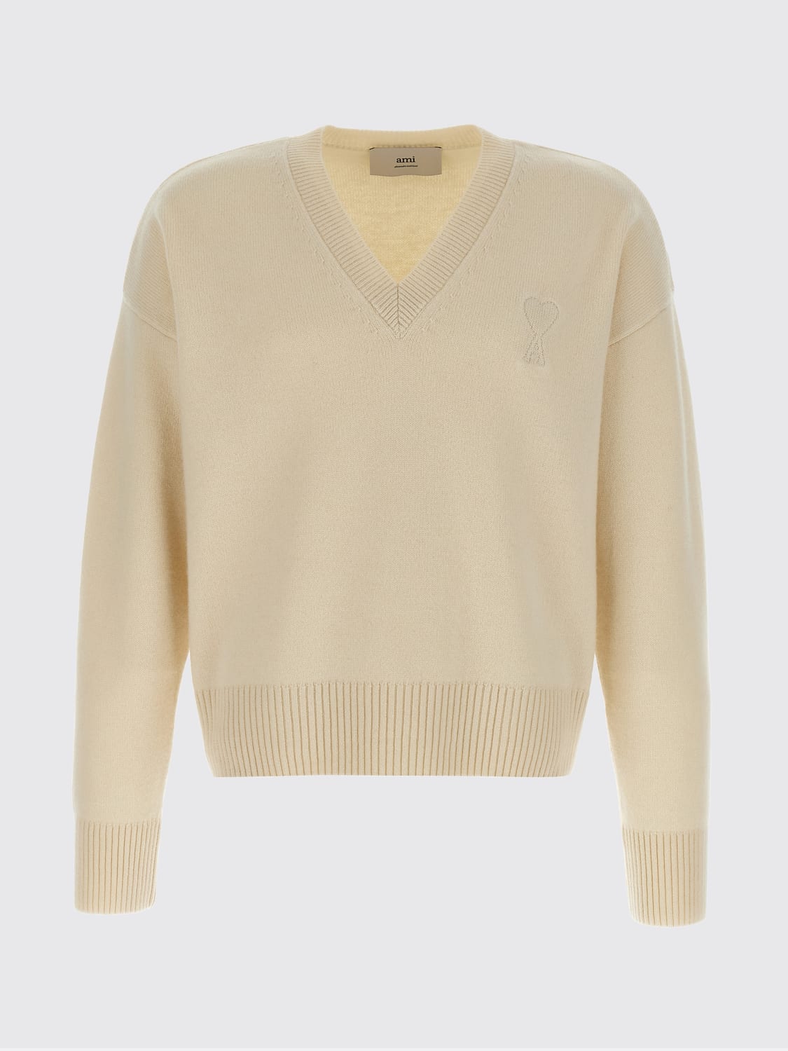 AMI PARIS MAGLIA: Maglia a v in lana e cashmere Ami Paris, Beige - Img 1
