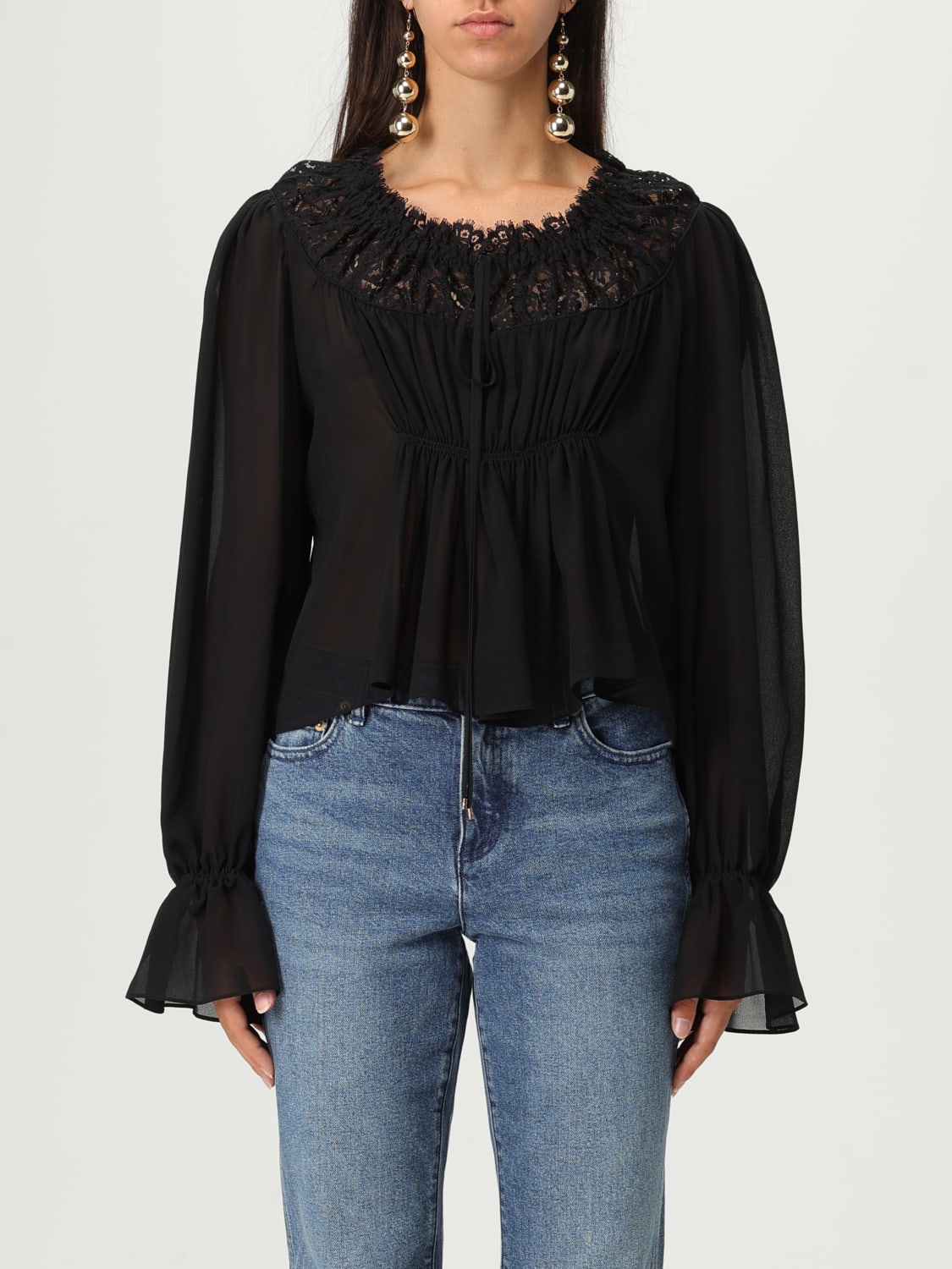 CHLOÉ TOP: Blusa Chloé in seta arricciata , Nero - Img 1