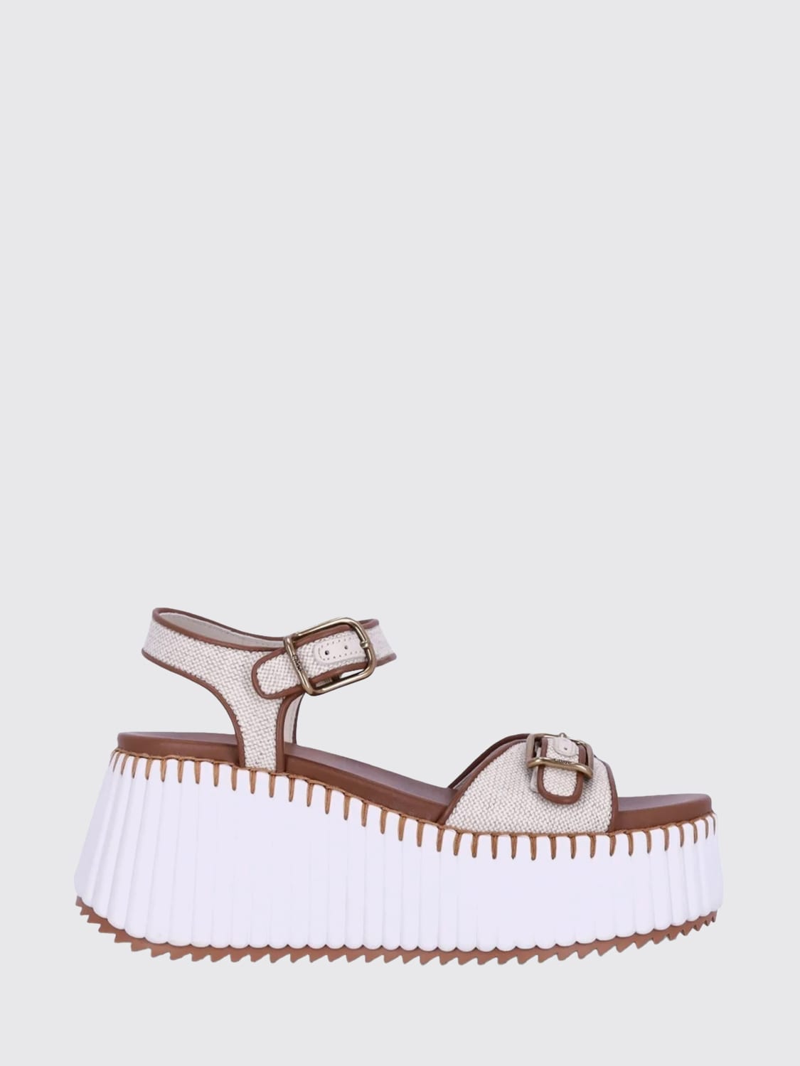 CHLOÉ SANDALI CON TACCO: Sandalo con zeppa Nama Chloé in canvas e pelle , Bianco - Img 1