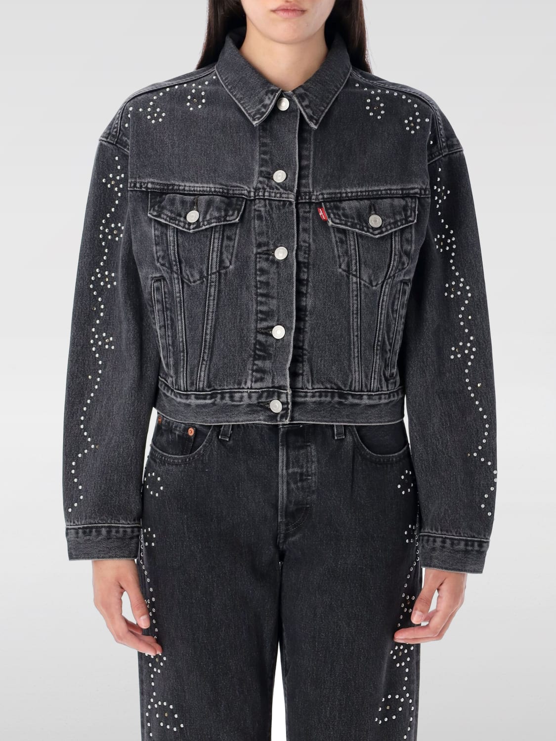 LEVI'S GIACCA: Giubbotto Levi's in denim con strass , Nero - Img 1