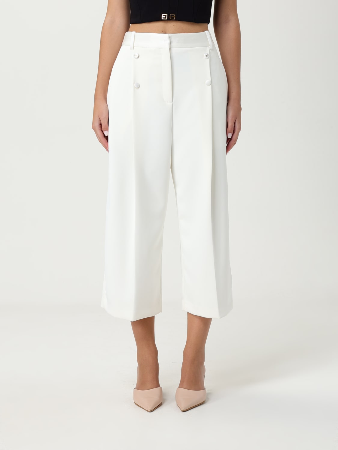 ELISABETTA FRANCHI PANTALONI: Pantalone cropped Elisabetta Franchi in tessuto tecnico, Avorio - Img 1