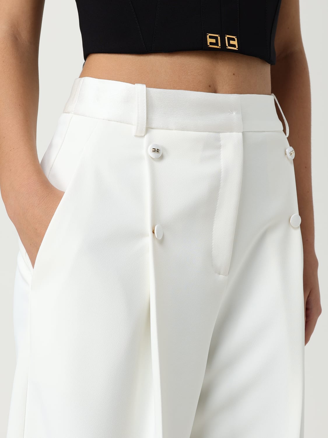 ELISABETTA FRANCHI PANTALONI: Pantalone cropped Elisabetta Franchi in tessuto tecnico, Avorio - Img 3