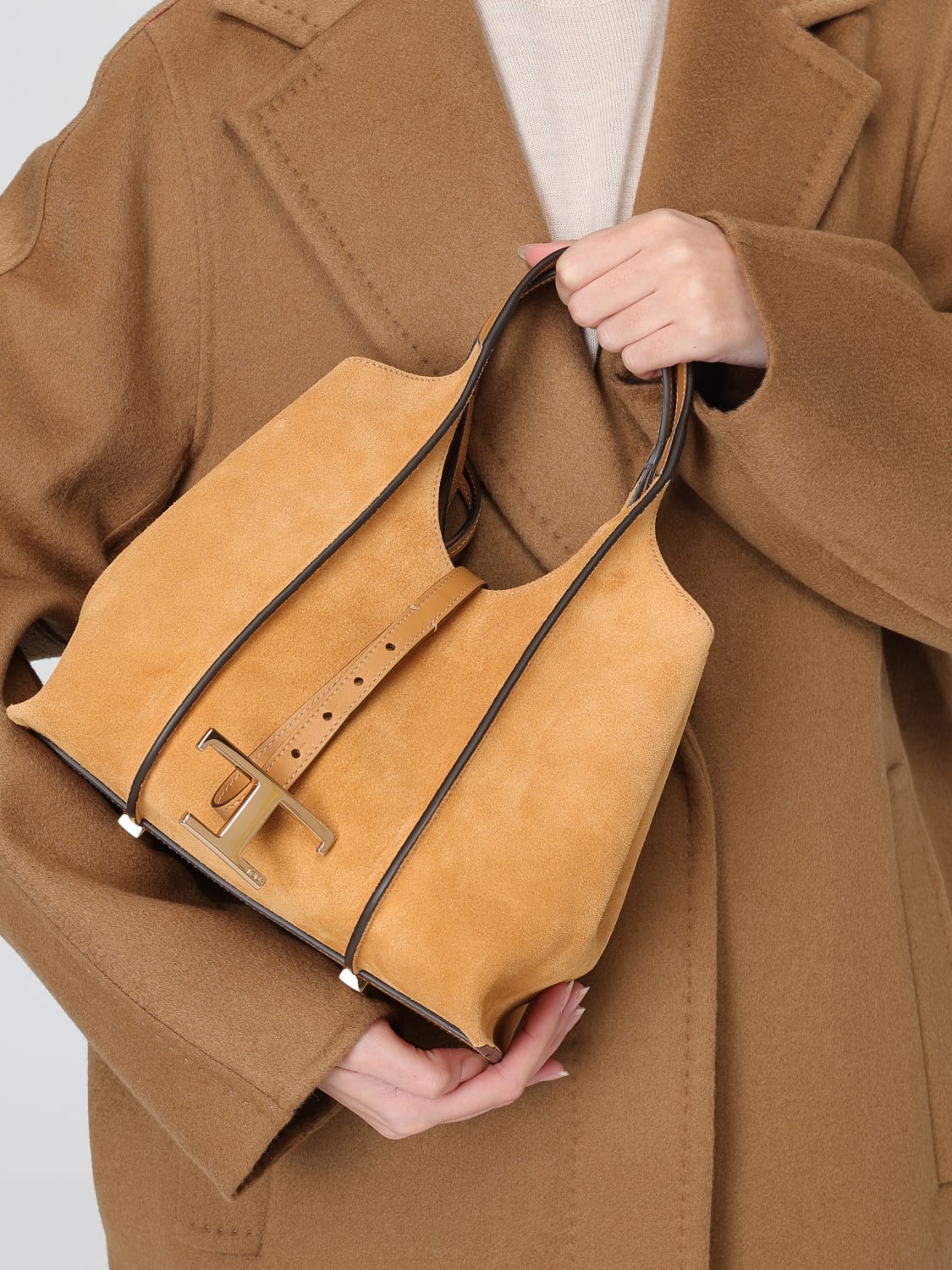 TOD'S BORSA A SPALLA: Borsa a spalla in pelle di vitello scamosciata T Timeless Tod's, Cacao - Img 2