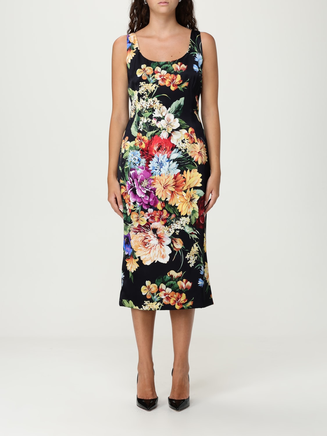 DOLCE & GABBANA ABITO: Abito Dolce & Gabbana in raso con stampa floreale , Nero - Img 1