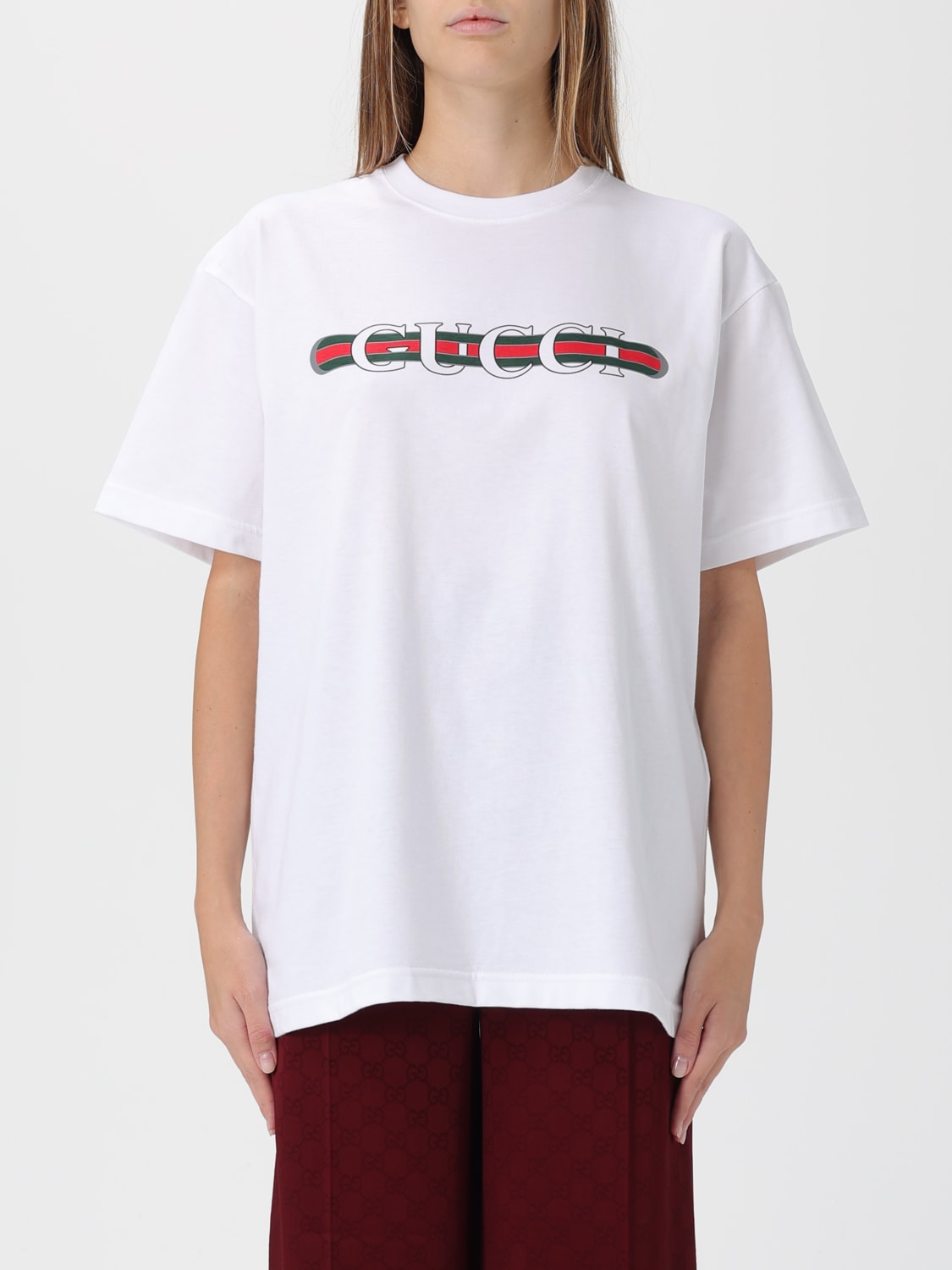 GUCCI T-SHIRTS: T-shirt in cotone Web Gucci, Bianco - Img 1