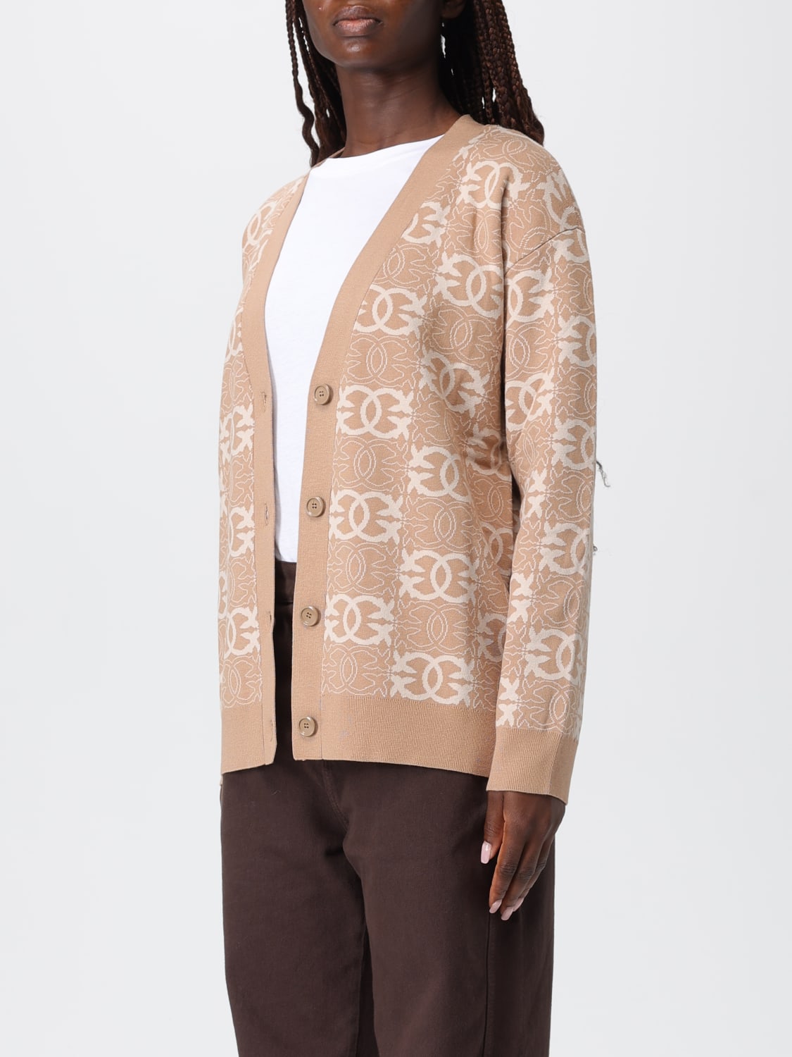 PINKO MAGLIA: Cardigan in misto viscosa con logo Love Birds Pinko, Cammello - Img 3