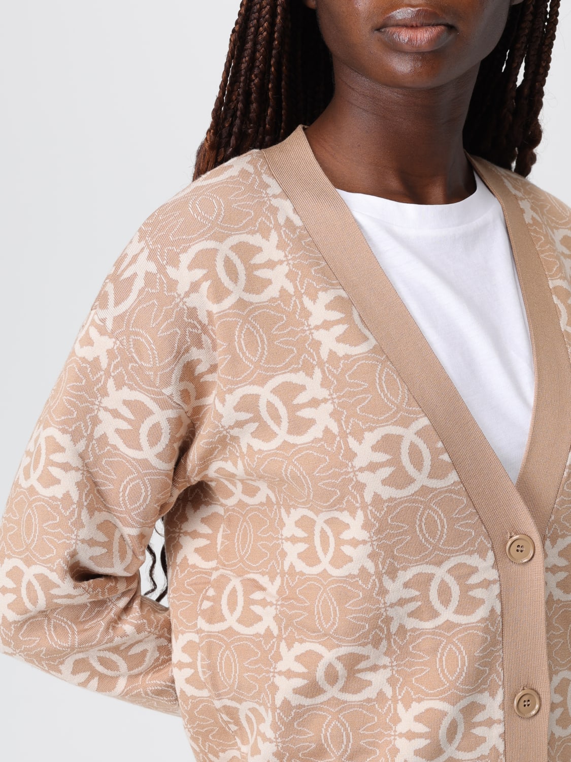 PINKO MAGLIA: Cardigan in misto viscosa con logo Love Birds Pinko, Cammello - Img 4