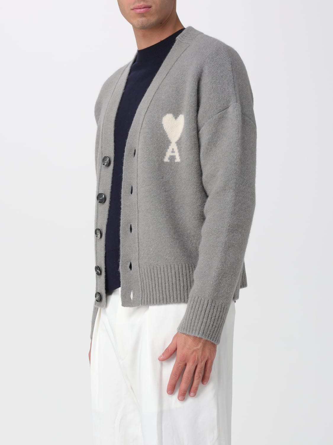 AMI PARIS MAGLIA: Cardigan in lana di Alpaca con logo Ami Paris, Grigio - Img 4