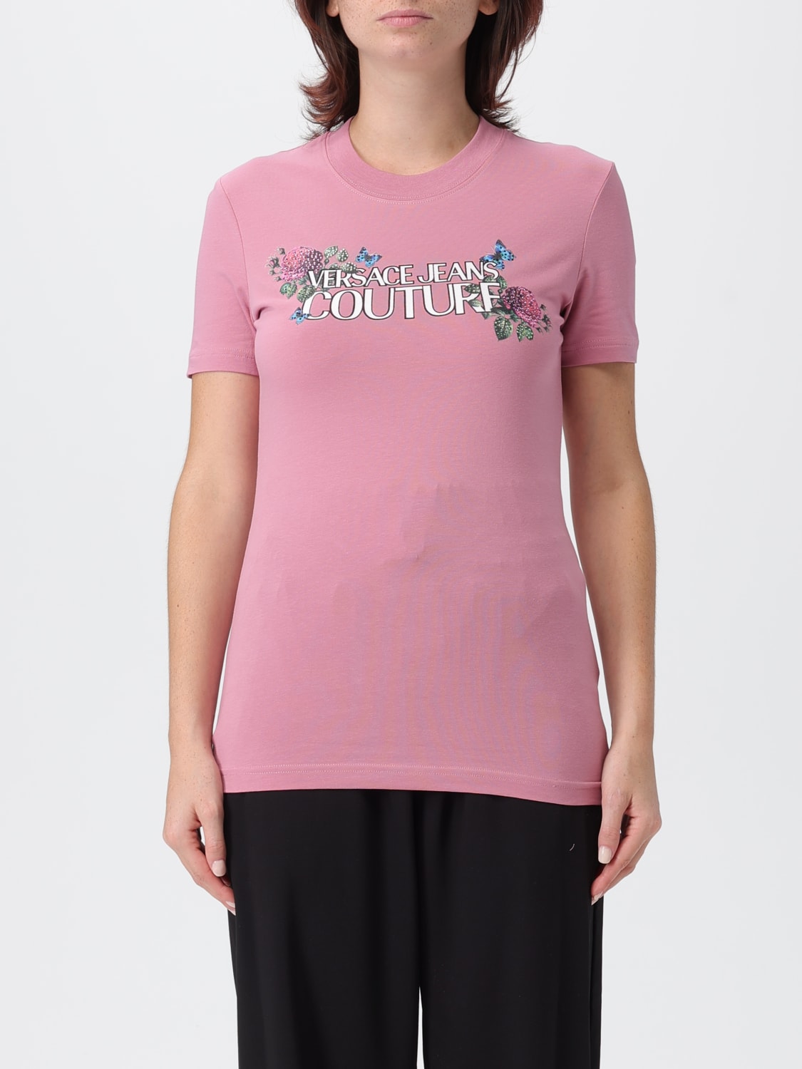 VERSACE JEANS COUTURE T-SHIRTS: T-shirt in cotone con stampa logo Versace Jeans Couture, Rosa - Img 1