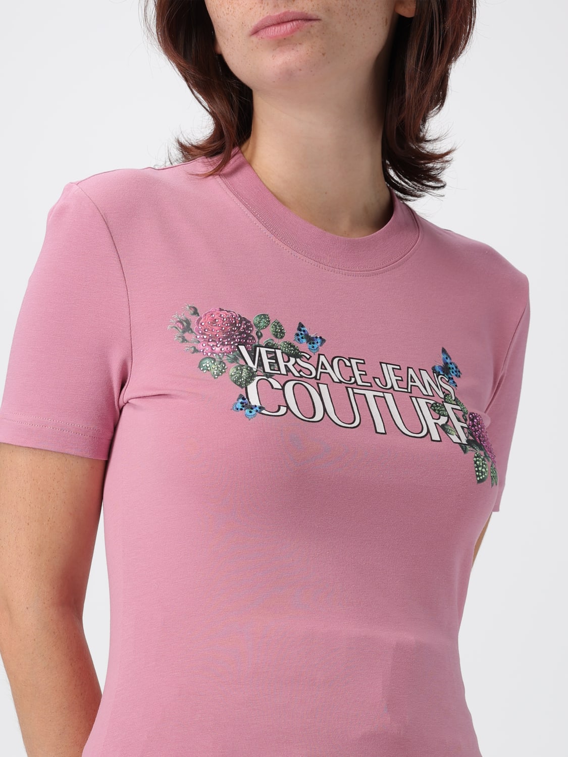 VERSACE JEANS COUTURE T-SHIRTS: T-shirt in cotone con stampa logo Versace Jeans Couture, Rosa - Img 3