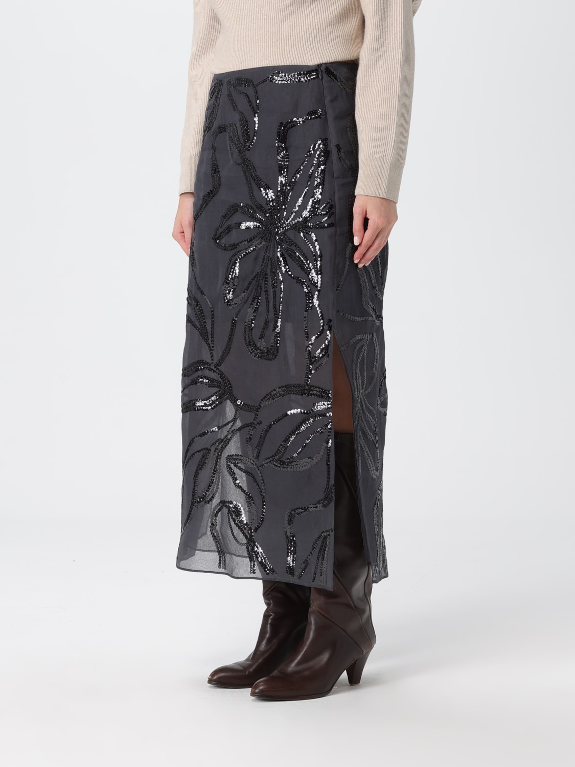 BRUNELLO CUCINELLI GONNA: Gonna Brunello Cucinelli in seta con paillettes , Grigio - Img 4