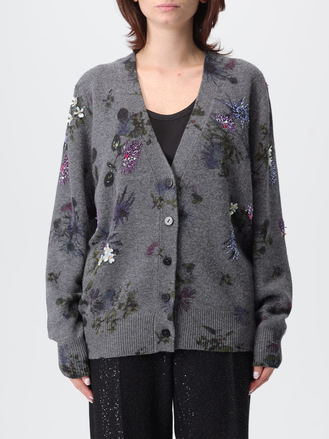 BLUMARINE MAGLIA: Cardigan di lana con fiori Blumarine, Grigio - Img 1
