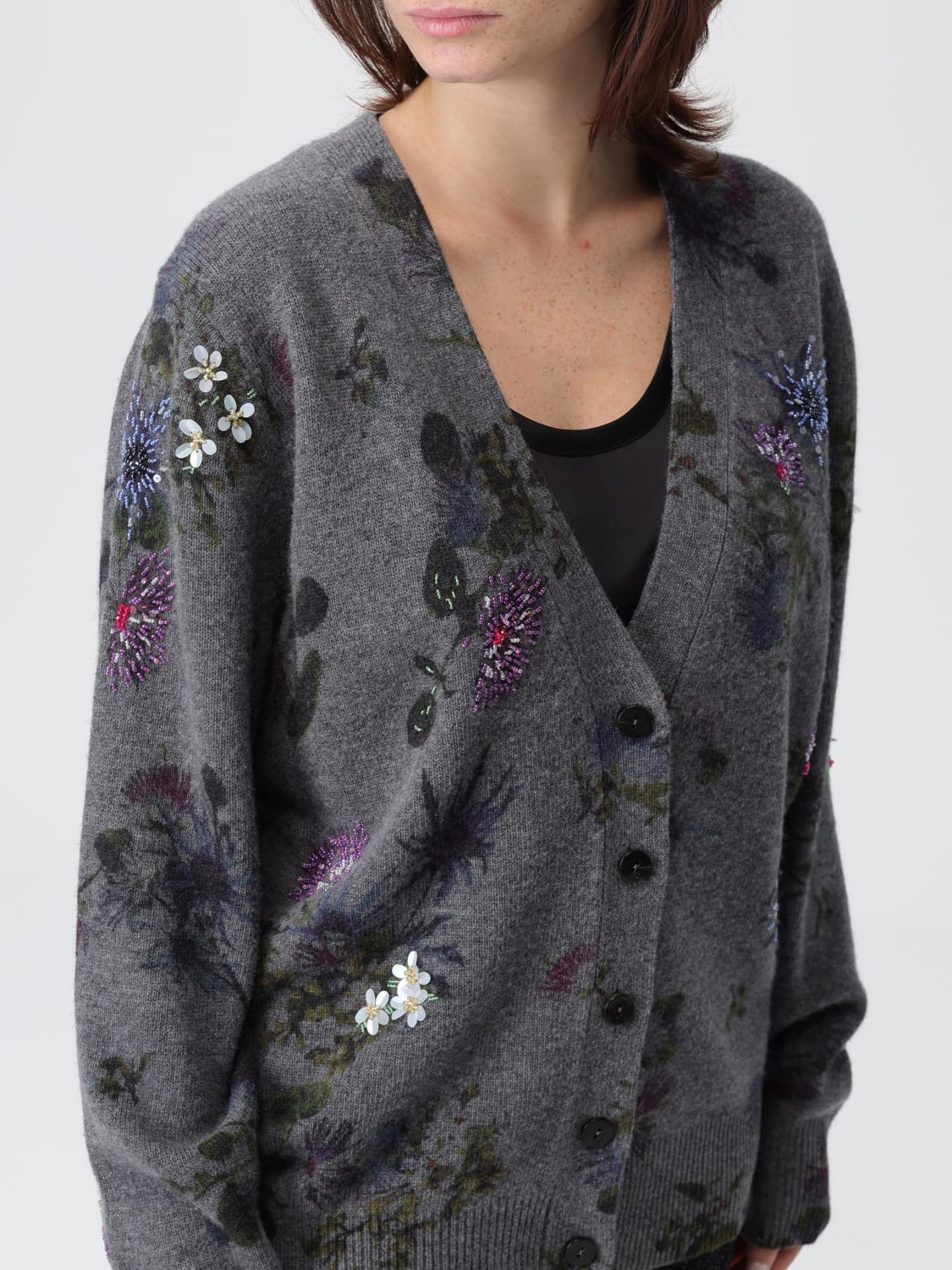 BLUMARINE MAGLIA: Cardigan di lana con fiori Blumarine, Grigio - Img 5